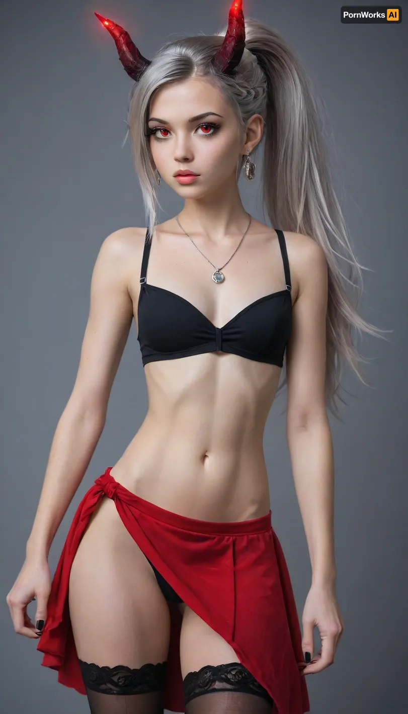 Very long hair ponytail, (Short Textured Haircut), (ruby Rose Hairstyle), (oval shape head), (round head), (feminine belly), (high cheekbones), (beautiful face), (strong jawline), (Beautiful glowing red eyes), (almond-shaped eyes), (long lashes), (tin eyebrows), ((full lips), (170cm high), ((slim body)), (dark nails), (silver necklaces and earrings), (small breasts), (perky breasts), (small ass), (round ass), (firm ass), (toned legs), (lean legs), (feminine legs), (well-defined feet)), frieren-aura, horns, pink, hair, purple, blue, eyes, multiple, braids, bare, shoulders, black, gloves, thighhighs, elbow, navel, cutout, white, skirt, red, cloth/skirt, cleavage, <lora:add-detail-xl:.6>, <lora:Colorful Hair Slider_alpha1.0_rank4_noxattn_last:.6>, <lora:loraeyesxl:.6>, <lora:DetailedEyes_V3:.6>, <lora:aura-animagine:.4>