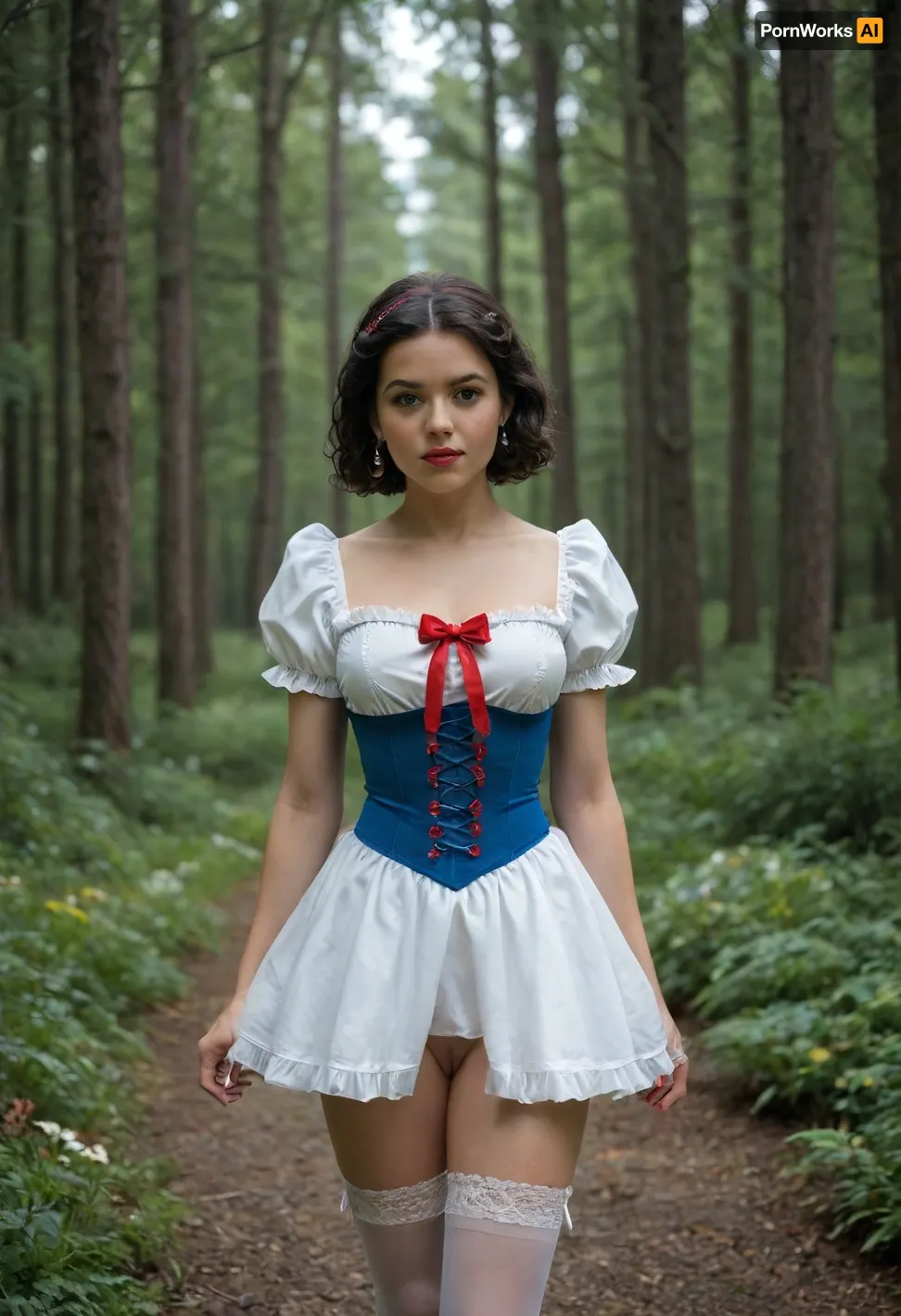 Snow White disney princess in wonderland forest background, walking in wonderful forest with fawn, showing open vagina pussy, Craft an image of a woman with luminescent blue eyes and black hair, clide in a blue-yellow leather bdsm style corset, snow white dress style, Red bow on the hair, silk stockings with support, with open sheved pussy, steampunk, rich in detail and frills, The setting is ethereal, with a backdrop fantasy forest with flowers and butterfles, that accentuates the ornate outfit. Ensure ultra-high-detail, photorealism, and crystal clear 32k resolution for a true masterpiece.