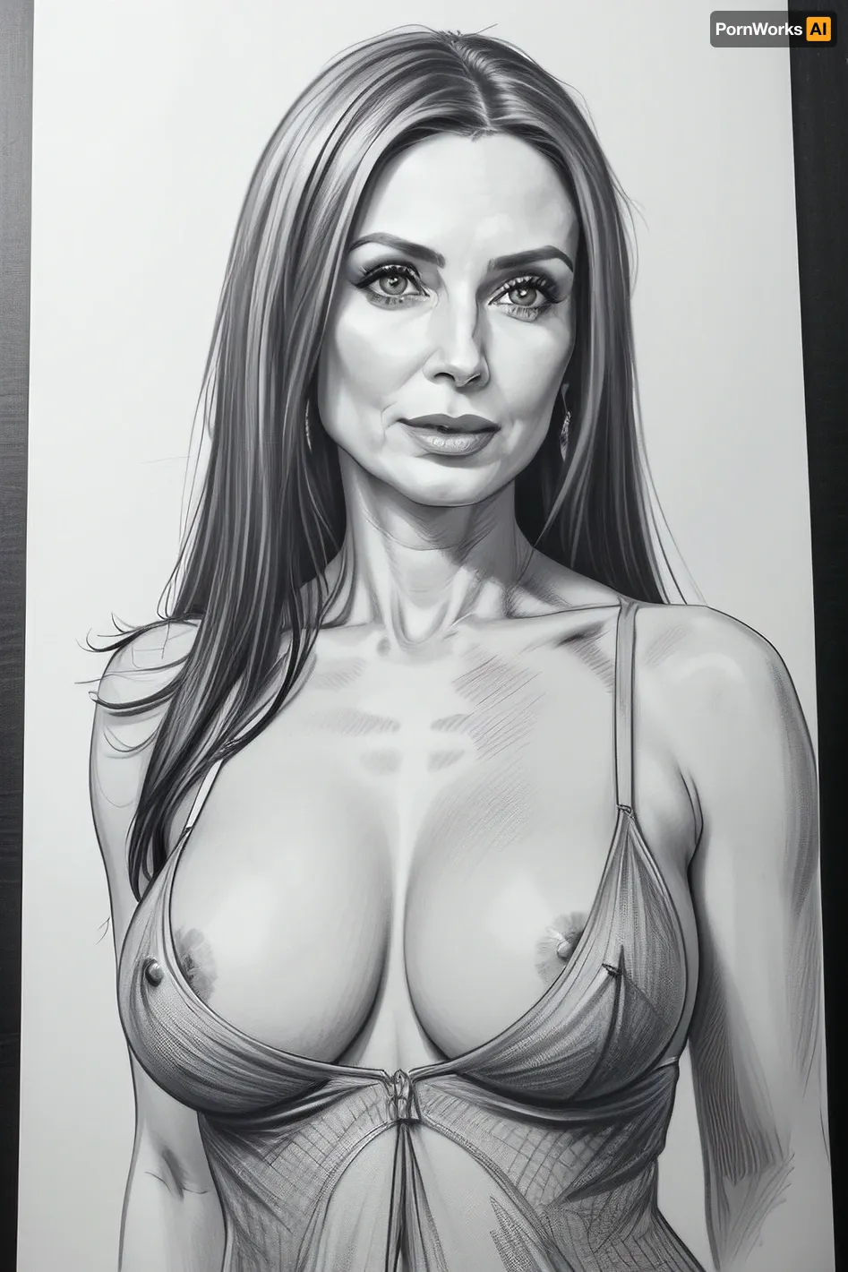woman, 45yo, mature, (mature_face:1.4), perfect hourglass body, boobs out, without bra, (half potrait:1.5), pencil, sketch, pencil drawing, on paper, <lora:Pencil_Sketch:.8>, ((monochrome)), ((grayscale))