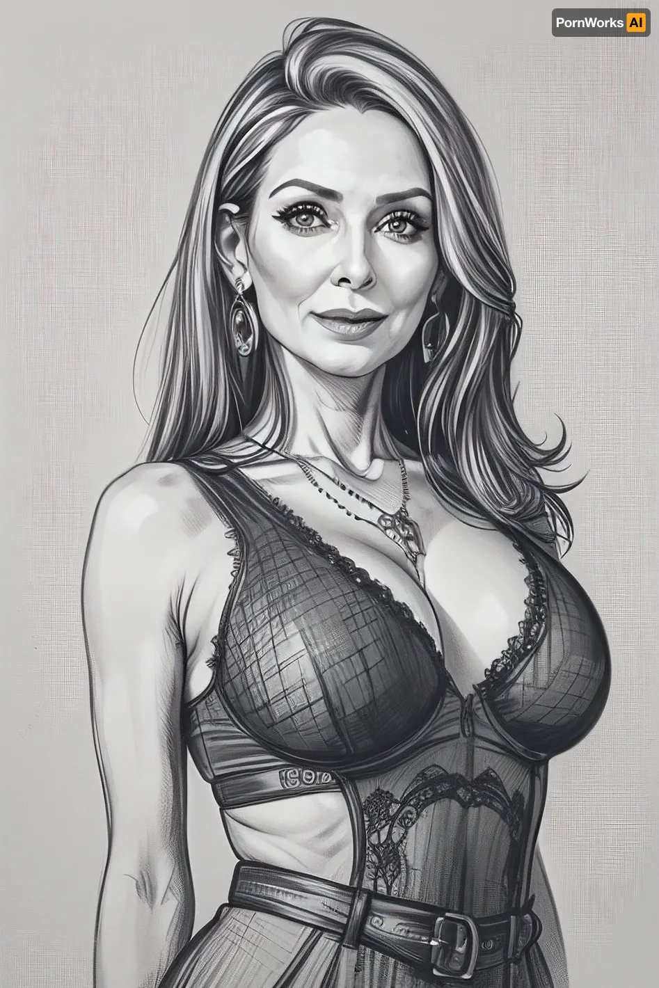 woman, 45yo, mature, (mature_face:1.4), perfect hourglass body, boobs out, without bra, (half potrait:1.5), pencil, sketch, pencil drawing, on paper, <lora:Pencil_Sketch:.8>, ((monochrome)), ((grayscale))