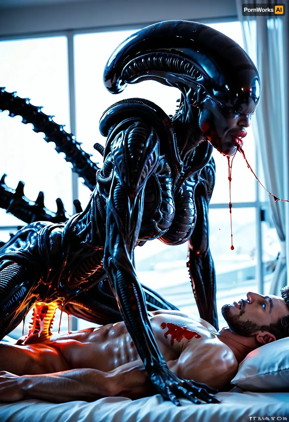 Masterpiece, ultra-realism, 1 man human Naked body_skinny, 1 woman Xenomorph A 2m90, (woman xenomorph:1.4), narrow waist, blue eyes, glowing eyes, look at viewer, transparent saliva, (xenomorph mouth:1.3), high detailed face, earrings, (big lips:1.2), excited look, (glossy red lipstick:1.2), (blood), shiny skin, thin, (big breasts:1.3), wide hips, glowing vagina, red glowing altar, alien woman on top man, vaginal sex, piv, cowgirl posing, On all fours, bent over, (man lying on back), blood, (side view), Cinematic light, best quality, mega detailed, mega quality, high detailed, xenoegg, <lora:426321_training_data:.5>