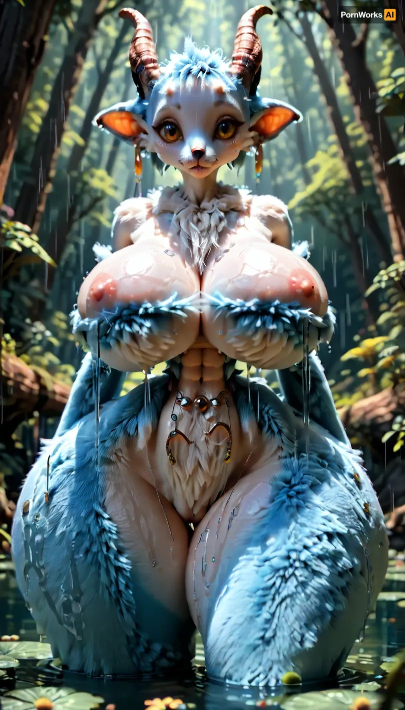 (pale blue fur:1), short girl, (fur:2), smol, alien girl, wet fur, yellow eyes, beautiful face, ornate horns, tiny torso, small upper body, no hair, head crest, (tiny waist:1.5), (oversized thick thighs:1.5), (thin shoulders:1), huge fake breasts, boobs, massive cleavage, fur outfit, royal look, boobs squished together, exposed navel, stomach exposed, bitting lip, waist, bimbo lips, (oversized wide hips:1.8), walking through a rainforest, raining, naked body, full body shot, long thick tail, holding own waist, big ass, thick thighs