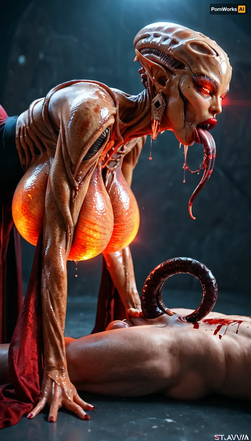 1 woman gigantic alien, (gigantic woman:1.3), (1 man small:1.3), close-up, An alien dystopian starship, ultrarealism, masterpiece, (alien), (small tentacles sucked stomach man), alien tongue, woman on top man, bent over, Woman touching man testicles, (cowgirl), vaginal sex, (alien woman:1.4), makeup, narrow waist, glowing eyes, look at viewer, earrings, (big lips), excited look, (glossy red lipstick:1.2), (transparent salvia:1.3), high detailed face, shiny skin, thin breasts, big breasts, round breasts, (long dress), wide hips, (bent over), red glowing, blood, man lying, (side view), Cinematic light, best quality, mega detailed, mega quality, high detailed