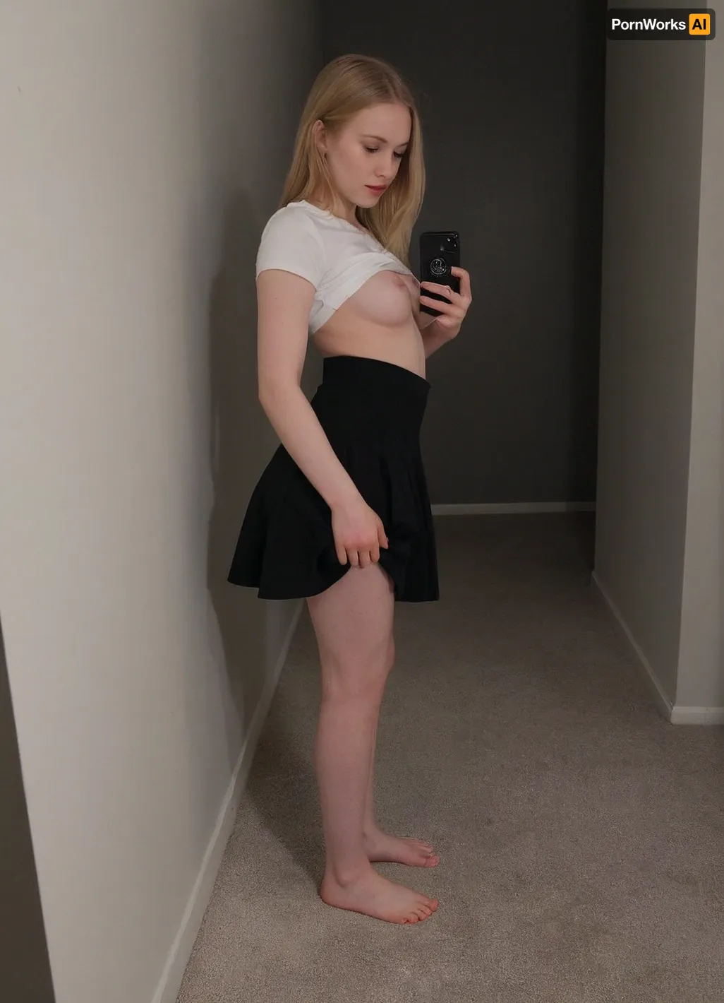 candid amateur photo, cute face, 26 year old, thick natural body, folds on body, in full height, taking photo of herself, phone photo quality, dark bedroom, ultimate realism, poor lighting, at night, dark, night, realistic detailed natural skin texture, short height, round face, pale skin, bad lighting, dark blonde, jpeg artifacts, amateur camera quality, feet, dim light, contrast, tack sharp, (masterpiece:1), perky small tits, natural tits, flash, black skirt, taking up her white shirt to show tits, ultra realistic shadows, blur, in motion, standing in narrow corridor, wall behind her, ultra realistic amateur lightning, <lora:boringRealism_primaryV4:.5>