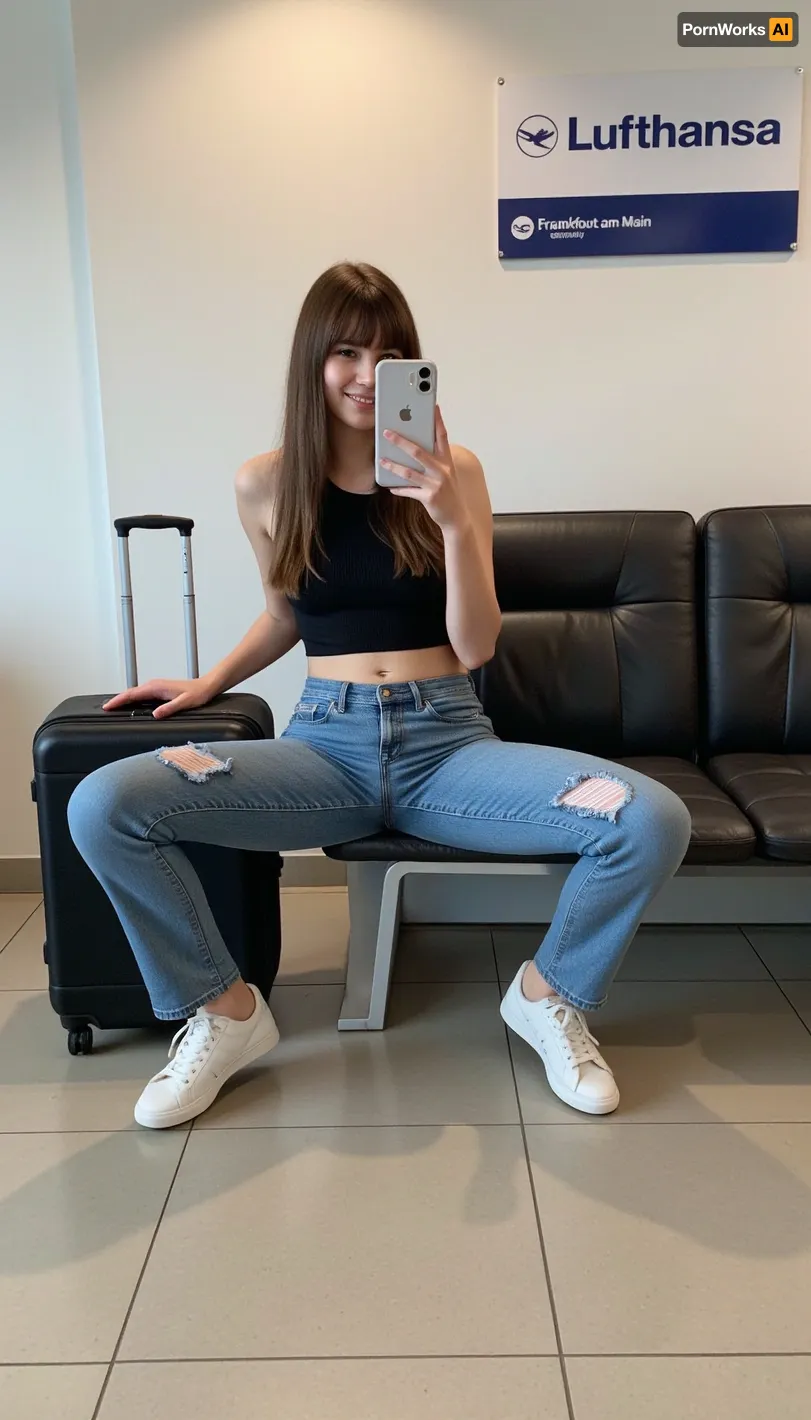 Heure de l'aéroport occasionnel

- Oui.

Une fille allemande en jeans CRAZYAGE usé et un tanktop sont assis dans une salle d'attente de l'aéroport, jambes écartées, prenant un selfie avec son iPhone. La valise sur roues à ses côtés ajoute à l'ambiance décontractée. Elle sourit chaudement à celui qui la regarde, cheveux longs avec des franges qui complètent le style décontracté.