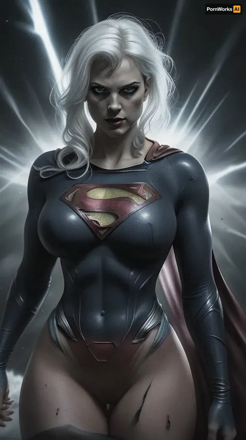 Dark gloomy space. Fog. Superman. Big breasts, rounded ass, white eyes.tatto on breasts.white hair. Torn.