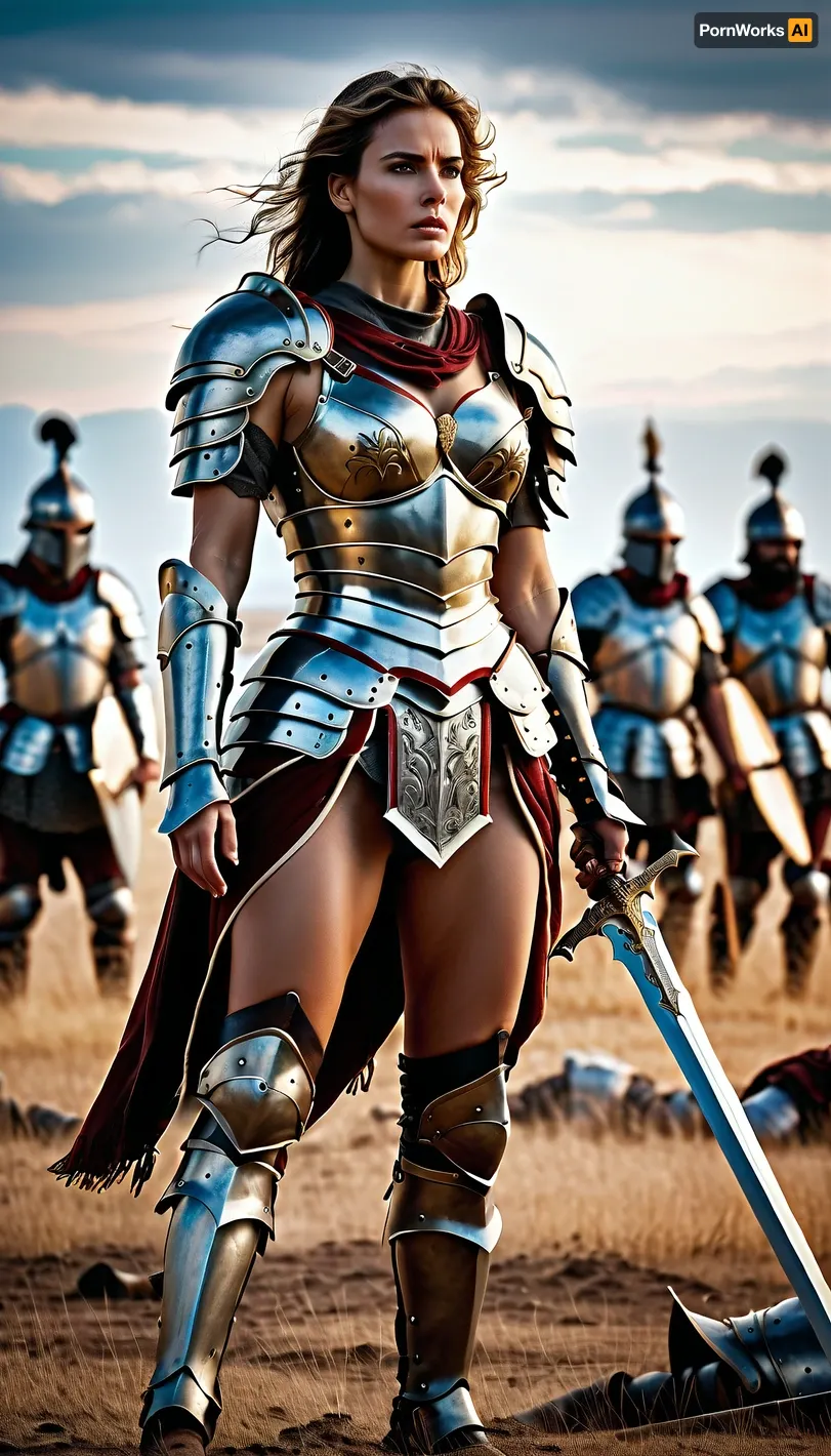 fullcolor image, 8K quality, a beautiful sexy woman, a warrior in armor, stands on the battlefield among the dead, full body in frame, side viev