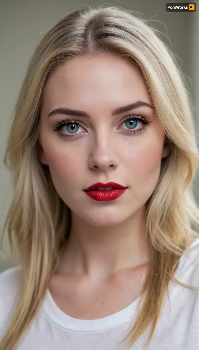 A young woman with long blonde hair and expressive makeup. She has fair skin, bright dark red lips and accentuated eyes with long lashes. She is wearing a white t-shirt and looks at the camera with a slight smile. The background is neutral, light colored.