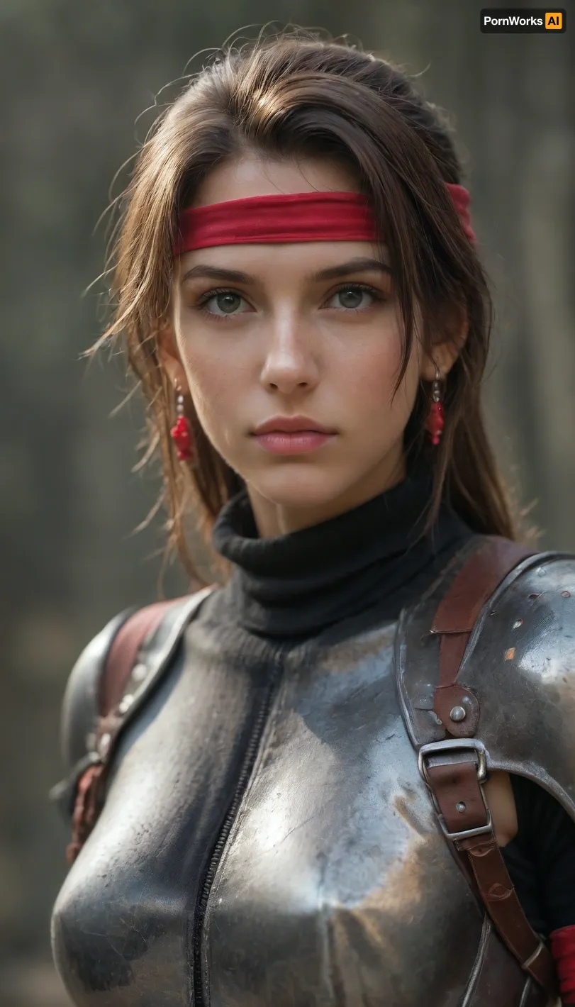 Jessie Rasberry from Final Fantasy VII with brown hair and a red headband and metal armor from the game Final Fantasy VII