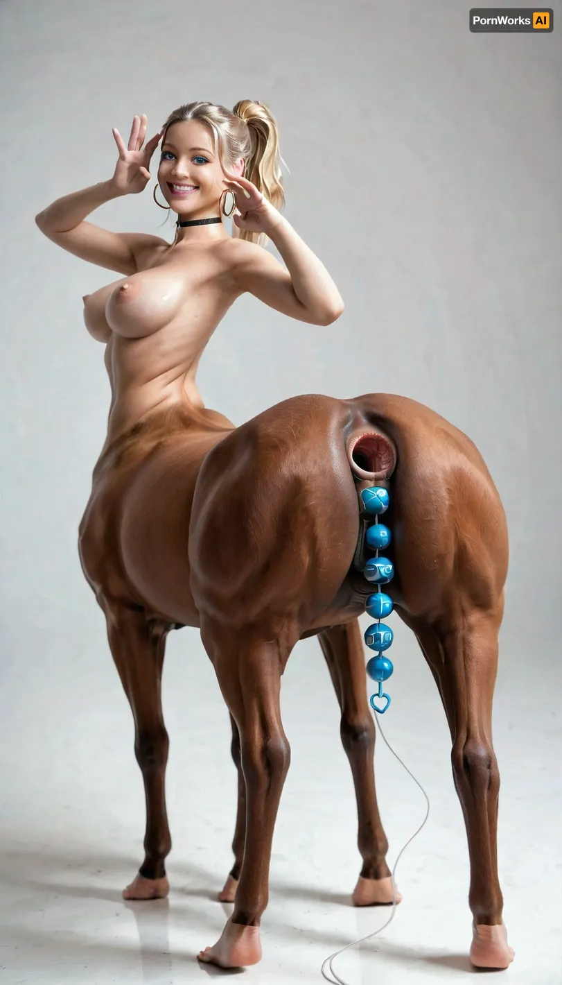 Humantaur, centaur body with human legs, side view, standing sideways, oversized anal beads, gaping asshole, full body view, looking at viewer, huge ass, Huge Tits, Small waist and Thick legs, 25 years old, Tall, blonde ponytail, pink lipsitick, wearing Leggins, fake huge lips, Pale/fair skin, Choker around her neck. blue eyes, sexy smile, smile, better eyes, perfect eye, Iphone pro 15 camera quality. Full portrait, No makeup, warm smile, pornstar pose, breasts, big, boobs, huge, tits, Back yard, looking up, bad, X, centaur, female, brown, horse, tail, up, from, below, humantaur, second, human, body, four, legs, feet, <lora:bombshell_v2:.6>, <lora:centaurs_042_merge_sdxl:.4>, <lora:humantaurs_02_20_merge_sdxl:1>