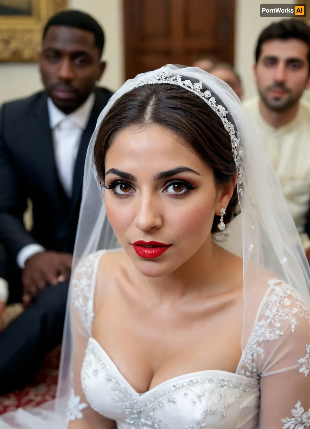 bukkake, cumshot on bride, cum on body, cumshot in her eyes, ruined makeup, cum on her lips, red lips, cum on face, cum everywhere, a close up image of Iranian bride face in a sexy and erotic and elegance white plastic sheer transparent wedding dress, sitting on the ground, in the middle of a group of black men, sad face, black men are happy. in the palace, high quality, great detail.