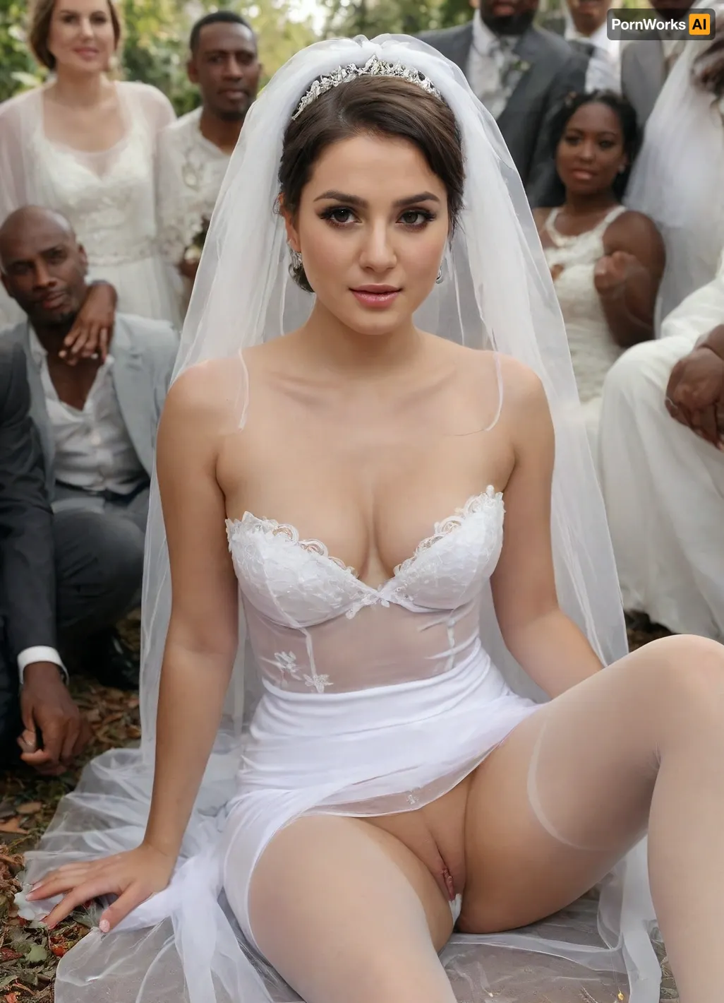 a close up image of Iranian curvy bride face in a sexy and erotic and elegance white plastic sheer transparent wedding dress, sitting on the ground, in the middle of a group of black men, sad face, black men are happy., (short, hair:1.7), (white, bridal, dress, veil:1.5), RealWhiteFFStocking, <lora:RealWhiteFFStocking_XL:.7>