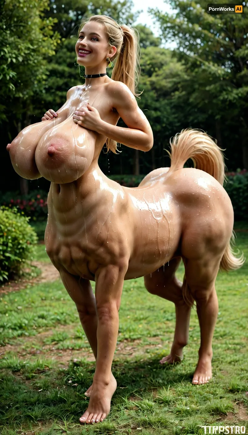 humantaur, side view, lush horse tail, standing sideways, full body view, massive sagging tits, looking at viewer, hands squeezing breasts tpgether, huge ass, Huge Tits, Small waist and Thick legs, 25 years old, Tall, blonde ponytail, pink lipsitick, wearing Leggins, fake huge lips, oiled skin, Choker around her neck. blue eyes, sexy smile, smile, better eyes, perfect eye, warm smile, pornstar pose, in a backyard, looking up, second, human, four, legs, feet, sagging, breasts, Atomictits, <lora:humantaurs_02_20_merge_sdxl:1>, <lora:sagging-000015:1.3>, <lora:AtomictitsXL:.4>