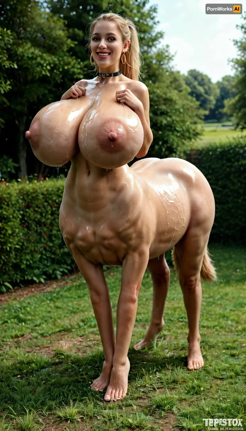 humantaur, side view, lush horse tail, standing sideways, full body view, massive sagging tits, hyper sagging breasts, looking at viewer, hands squeezing breasts tpgether, huge ass, Huge Tits, Small waist and Thick legs, 25 years old, Tall, blonde ponytail, pink lipsitick, wearing Leggins, fake huge lips, oiled skin, Choker around her neck. blue eyes, sexy smile, smile, better eyes, perfect eye, warm smile, pornstar pose, in a backyard, looking up, second, human, four, legs, feet, sagging, breasts, Atomictits, <lora:humantaurs_02_20_merge_sdxl:1>, <lora:sagging-000015:1.3>, <lora:AtomictitsXL:.4>