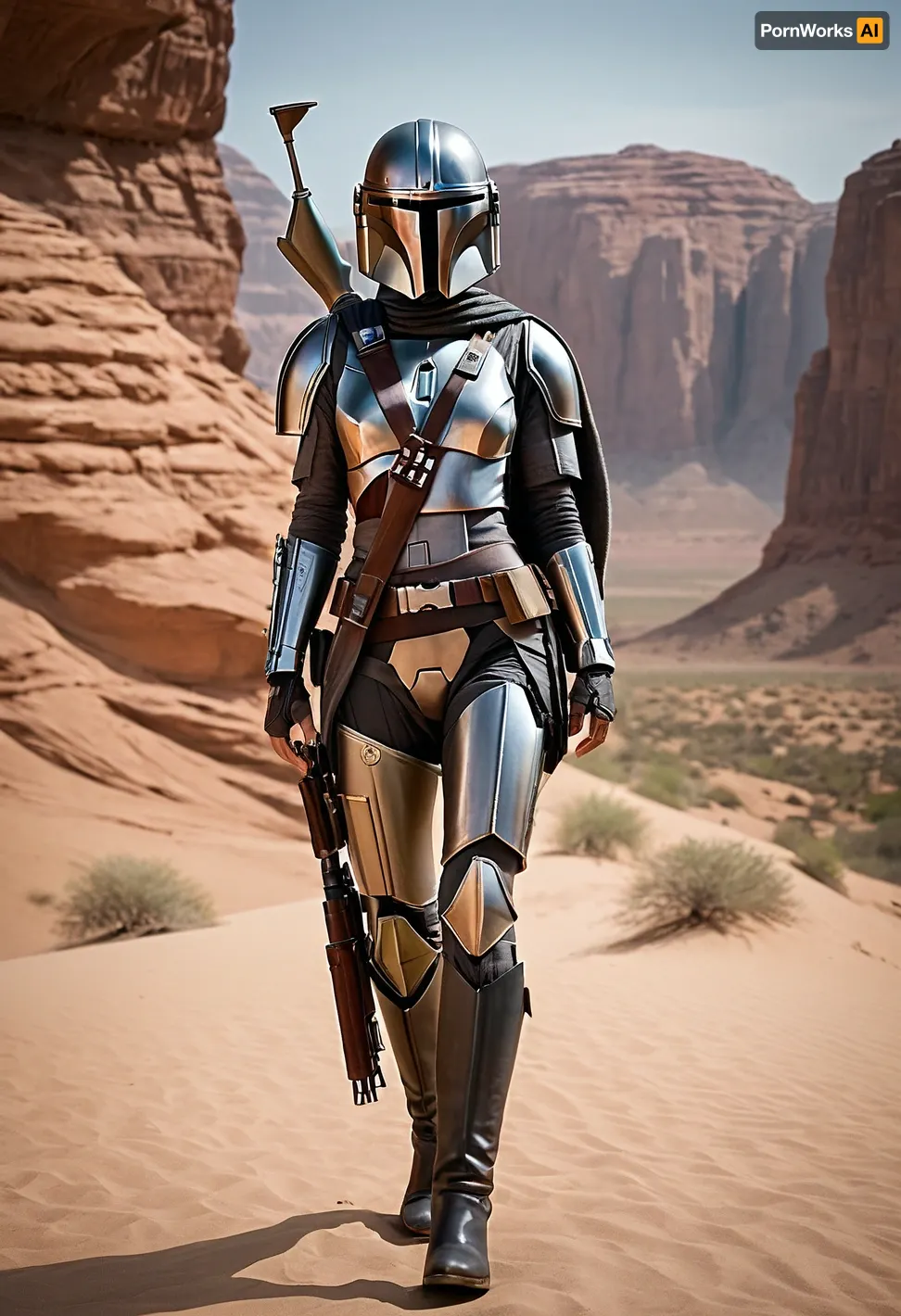 Uber realistic, 8k, ultra detailed, masterpiece, Star wars female, mandalorian, hair with a long braid, grey armor, black belt, black boots, grey mandalorian helmet, full Body Photo in sci fi setting, Future, Star wars, pussy, exposed, (pussy in view), (exposed pussy), (show pussy), bottomless, nude