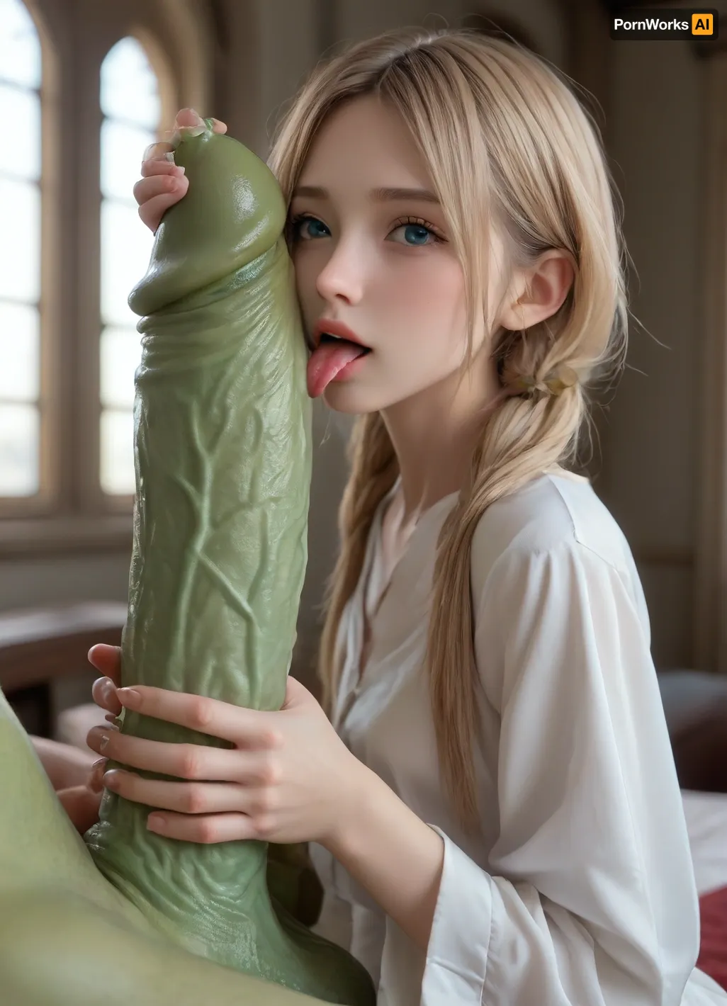 (giant green goblin), with, (giant green veiny cocks:1.6), ((skinny scandinavian princess)), in her bedroom, (licking cocks:1.7), (long blonde tall pigtails:1.4), ((skinny butt:1)), ((skinny legs:1)), full body. a second man with a massive cock is fucking her pussy