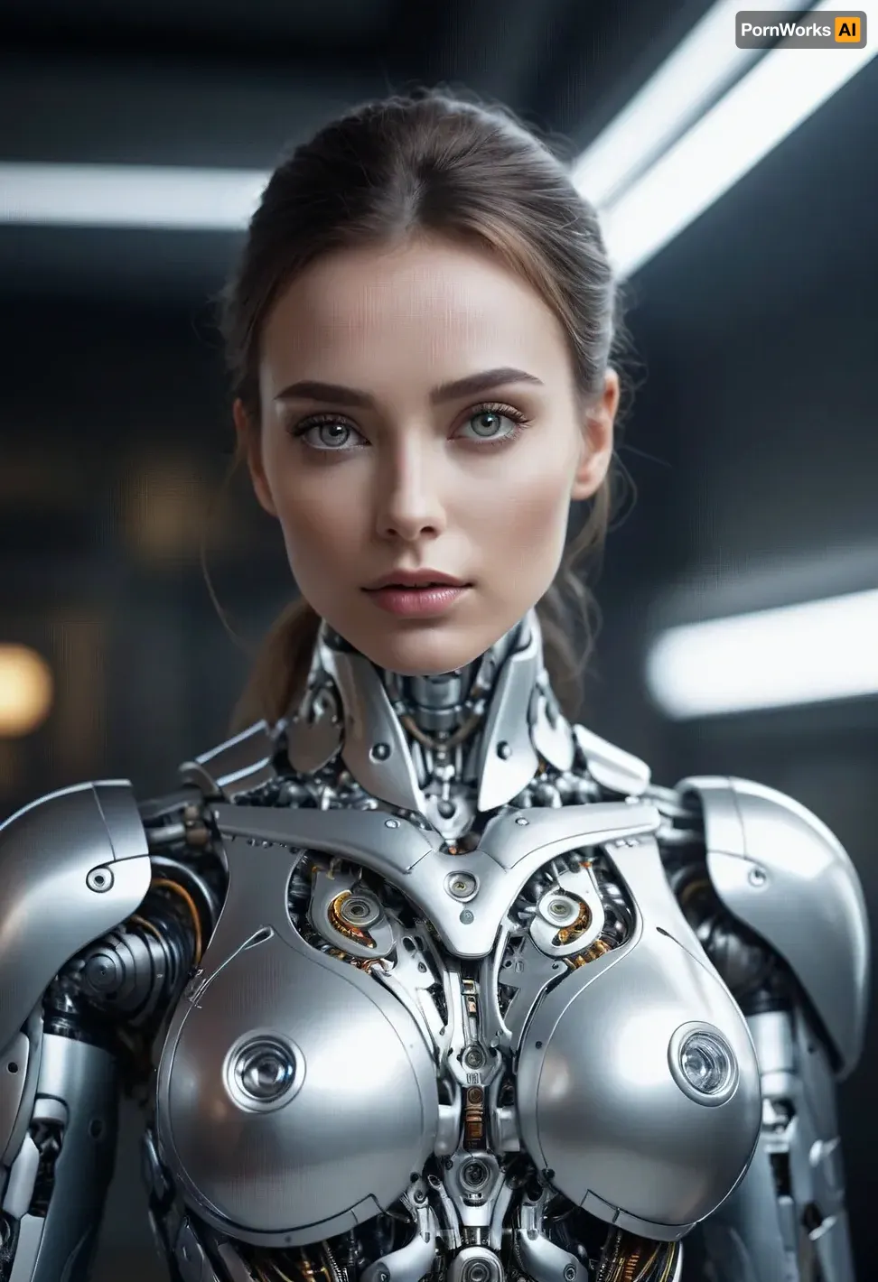 silver skin robot, full body, large breasts, white eyes.