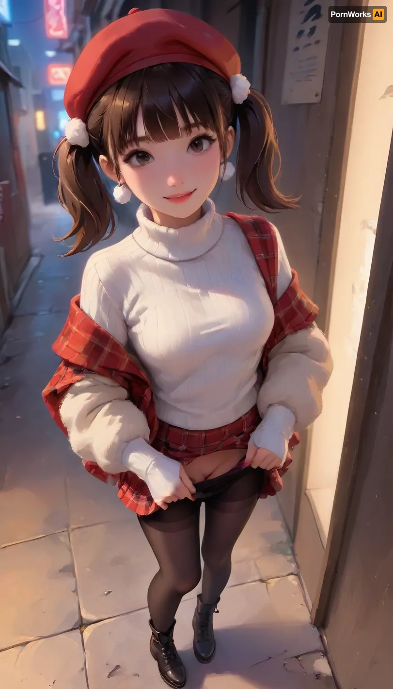 (Night), (high angle top view:1.2), a girl at grimy alley entrance, Pull down the skirt, show vagina，, (neon light), Seductive smile, Red plaid wool skirt, white turtleneck sweater, black tights, dark brown ankle boots, red beret with white pompom, plaid scarf with fringe, white knitted mittens, white faux fur backpack, silver snowflake earrings, two high ponytails with red ribbons, (j_cartoon:1.5), Drawing, <lora:vintage-XL:.4>, <lora:skirtlift_xl:.5>, <lora:MicroSkirt_XL:.5>, <lora:samdoesarts1.1-000030:.4>, <lora:Animated_Concept:.4>