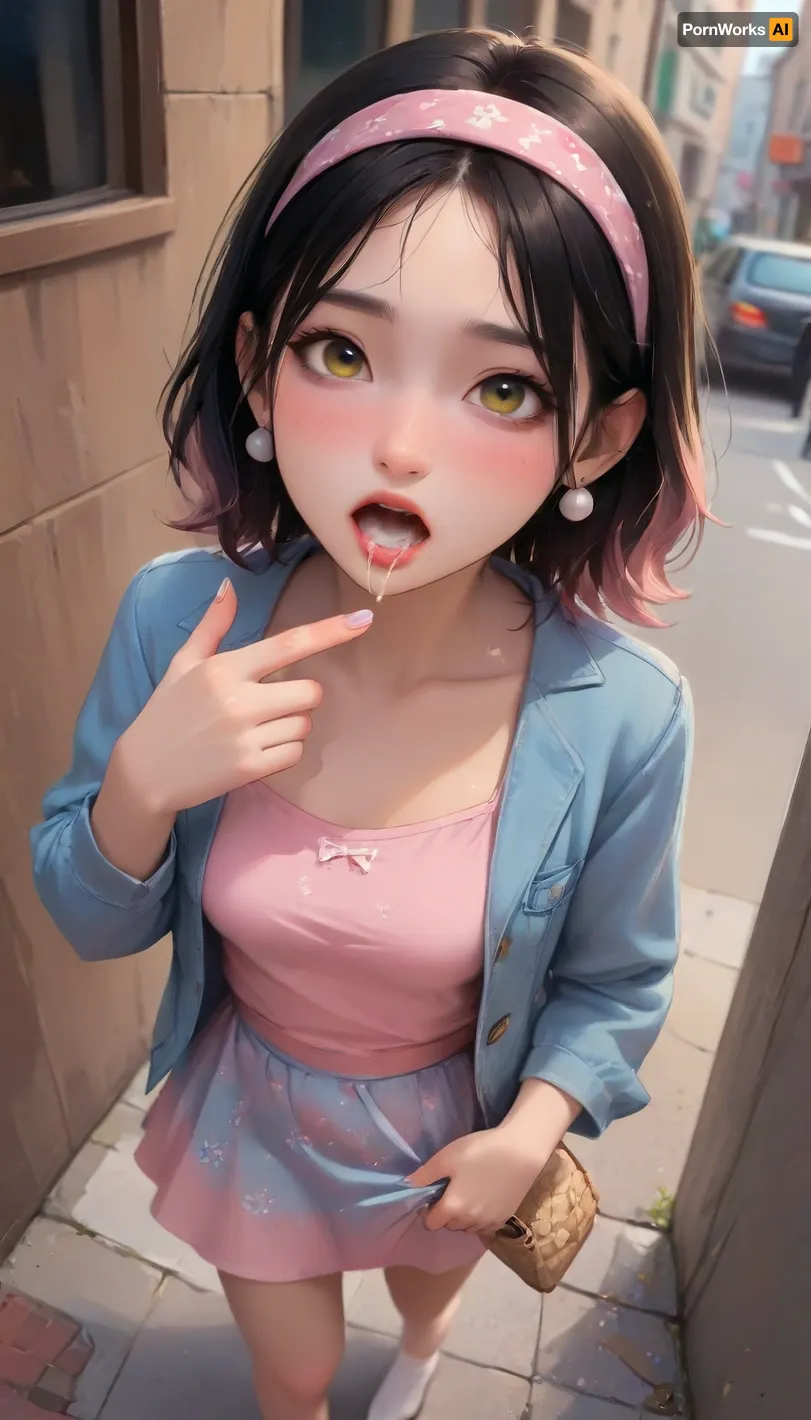 (Night), (high angle top view:1.2), a girl at grimy alley entrance, open mouth, (cum in mouth), heavy colourful makeup, (black hair), yellow eyes, blue floral dress, white denim jacket, no shoes, Lifting the hem of the skirt, no panty, woven straw handbag with pastel blue ribbon, pastel pink headband with bow, pearl stud earrings, loose waves with pastel pink hair clips, (j_cartoon:1.5), clear fingers, clear toes Drawing, <lora:vintage-XL:.4>, <lora:skirtlift_xl:.5>, <lora:MicroSkirt_XL:.5>, <lora:samdoesarts1.1-000030:.4>, <lora:Animated_Concept:.4>