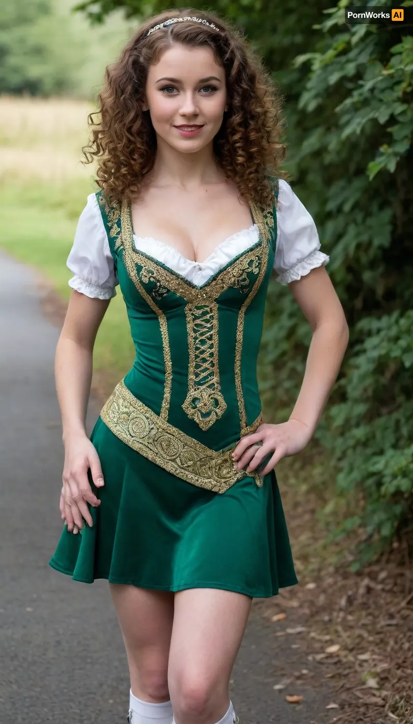 Sexy petite Irish Dancer, traditional Irish dance costume, curly hair, dimples, freckles, cleavage, slut, bimbo, Ireland, Irish Highlands, outdoors, step dancing, (((large breasts, big titties, cleavage))), (skinny waist), dancing, A traditional female Irish dancer typically wears a distinctive and vibrant costume that reflects the cultural heritage of Ireland. The dress, often called a "solo dress, " is usually made of velvet or satin and is adorned with intricate, colorful designs. These designs often feature Celtic knot patterns, shamrocks, or other symbols of Irish tradition, with a wide range of colors like emerald green, royal blue, red, or purple. The dresses are short, ending just above the knee, to showcase the dancer's movements and footwork.

Underneath the dress, dancers wear a white blouse with puffed sleeves, adding to the elegant and layered look. Their footwear consists of either soft shoes, (ghillies), or hard shoes, (referred to as "taps" for more advanced performances), depending on the style of dance being performed. Ghillies are soft leather shoes that allow for quick and graceful movements, while hard shoes have a distinct tap-like sound and are used for rhythmic, percussive dances.

Hair is an important aspect of the look, typically styled in tight curls, often enhanced by a wig, and decorated with a headpiece or ribbon. The overall appearance is polished and dramatic, designed to highlight the dancer’s precision and skill.