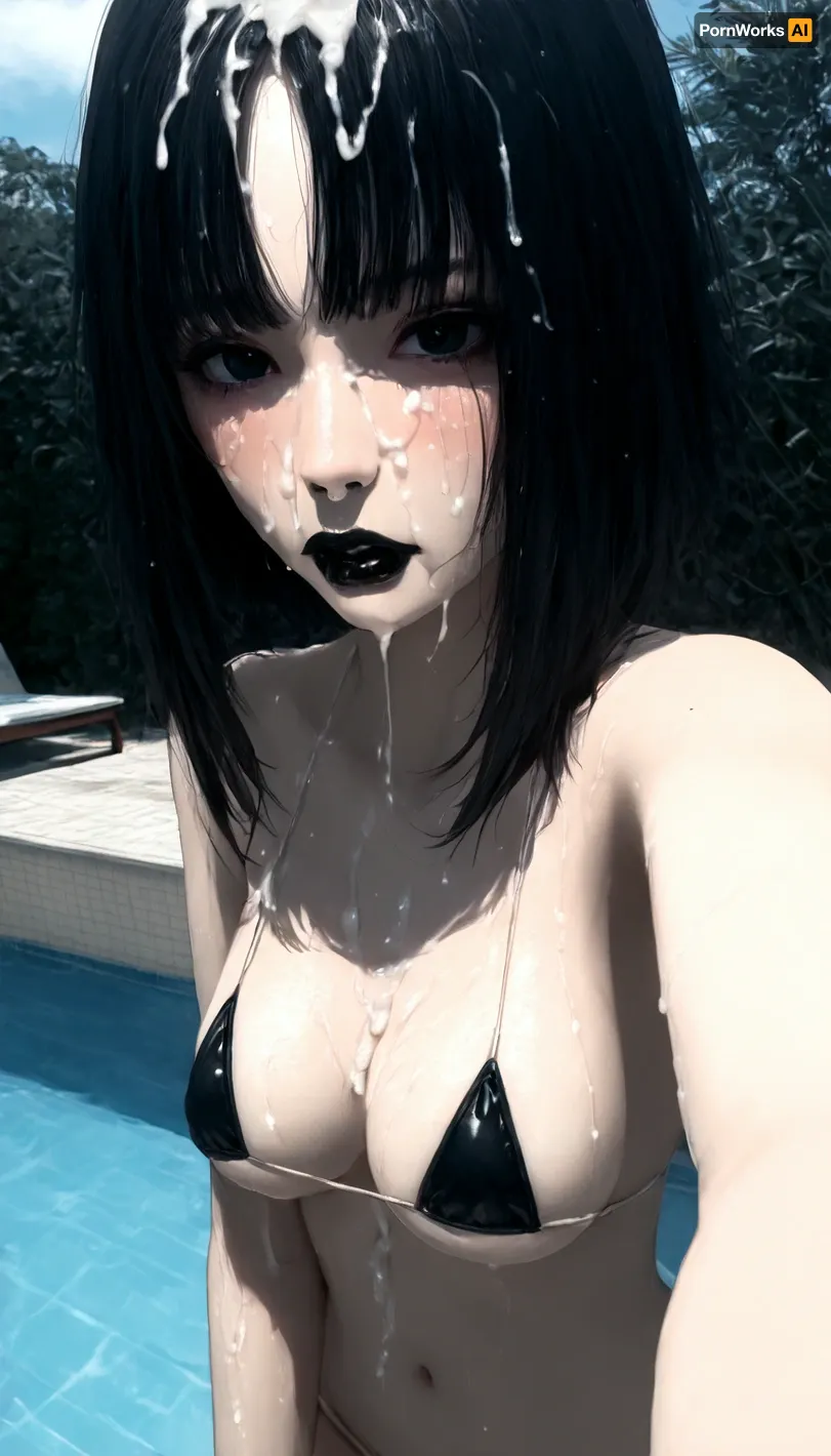gothic, (goth), (asian), pale skin, dark black eyes, dyed black hair, bangs hair, long bangs, forehead hair, (hair covers eyes), black eyeliner, (black lipstick:2), (pale skin), white skin, perfect eyes, small eyes, detailed eyes, small nose, slim body, looking at viewer, selfie, side view, angle from above, walking pool, outdoor pool, hard shadows, sweaty, breasts out, perfect figure body, blush, embarrassed, gleaming skin, steam, tanline, microbikini, cum hair on hair, cum on body, bukkake, perfect body, pale, skin, <lora:microbikini_sdxl_1:.5>, <lora:Pale_Skin_SDXL_v1.0:2>, <lora:detailed_notrigger:1>, <lora:YoungAdultSDXL:-2>