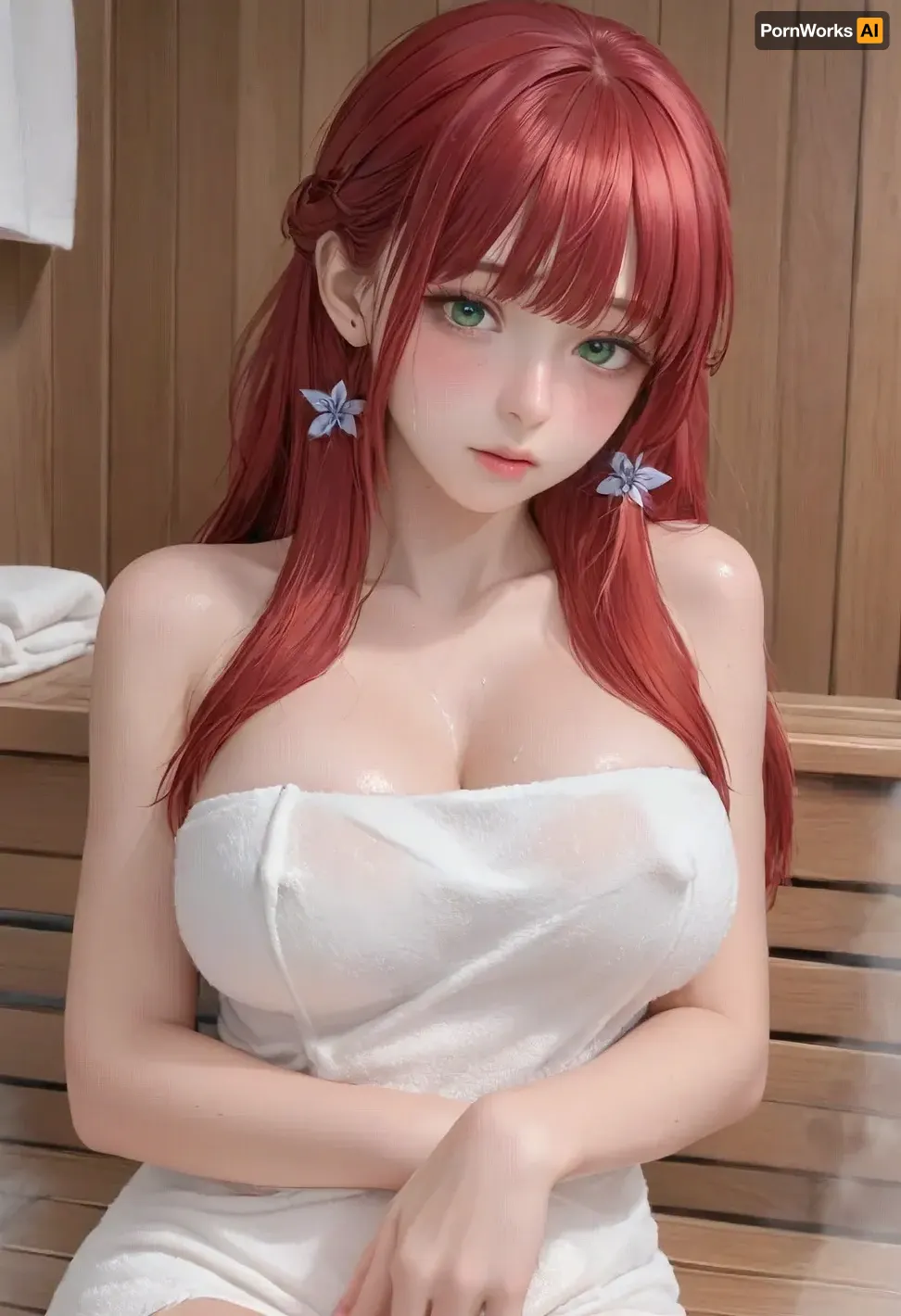 (1girl, red hair, green eyes, long hair, bangs), beautiful face, blush, freckles, hands resting on tits, big breasts, perfect body, erect nipples, (towel), orgazem, sweating, masturbating, sauna, ratatatat74, <lora:cartoon_stickers_xl_v1:.6>, <lora:ratatatat74-000050:1>, <lora:gotou_hitori_xl:1.2>