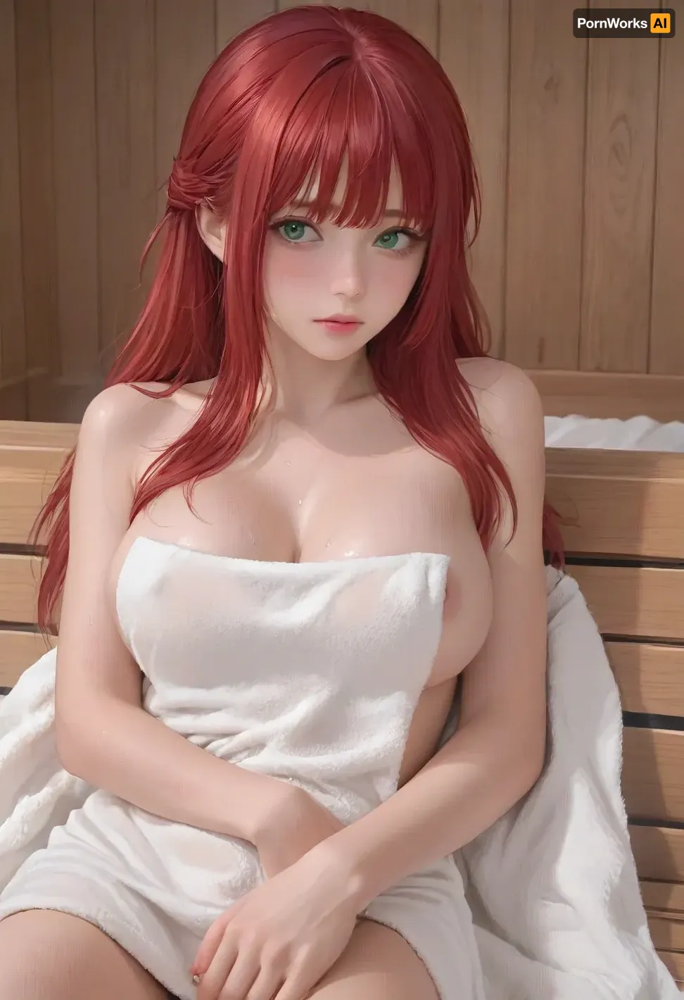 (1girl, red hair, green eyes, long hair, bangs), beautiful face, blush, freckles, hands resting on tits, big breasts, perfect body, erect nipples, (towel), orgazem, sweating, masturbating, sauna, ratatatat74, <lora:cartoon_stickers_xl_v1:.6>, <lora:ratatatat74-000050:1>, <lora:gotou_hitori_xl:1.2>