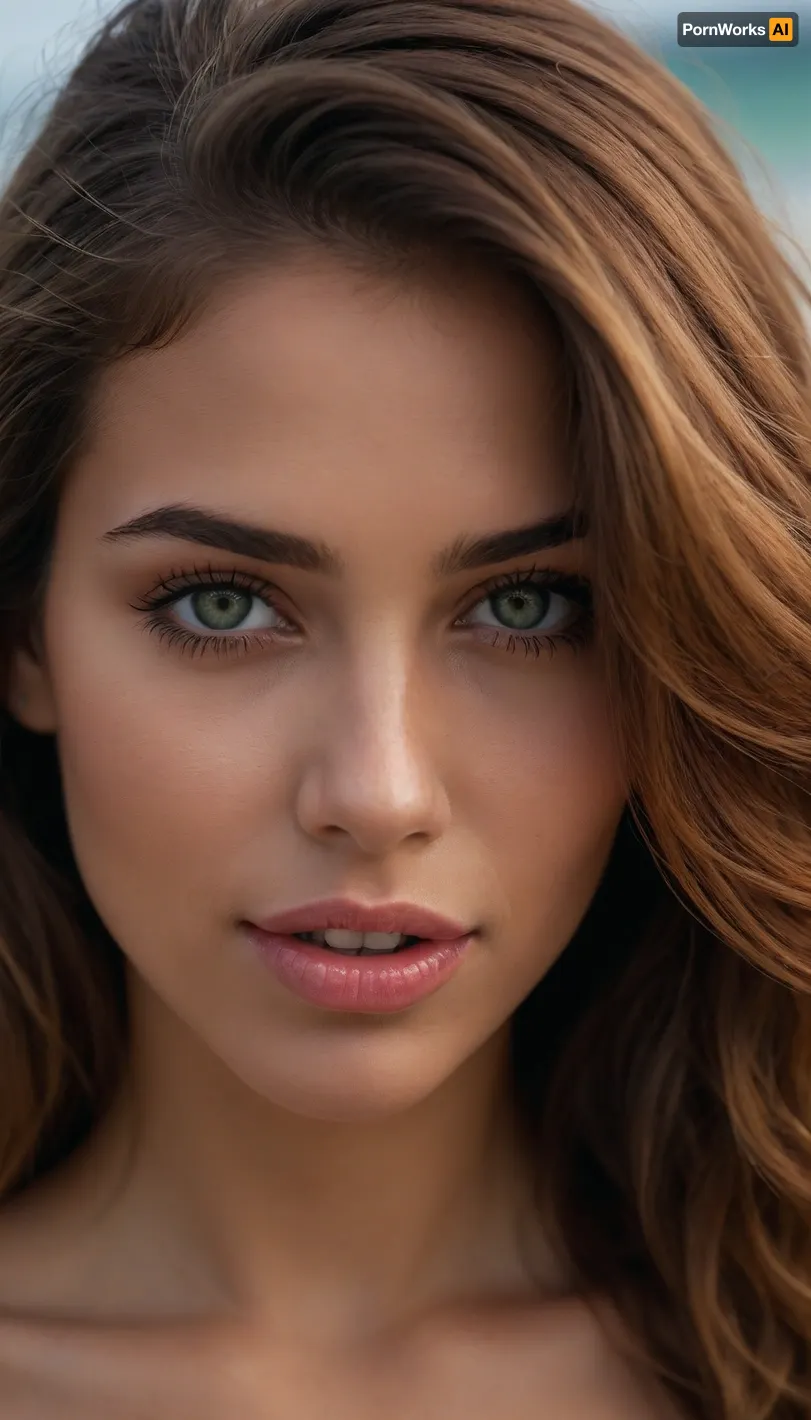 Crea una imagen hiperrealista de una mujer joven con cabello marrón claro con reflejos cobrizos y anaranjados. Su melena es ligeramente ondulada y cae de manera natural sobre sus hombros, con mechones sueltos que aportan un toque desenfadado y playero. Sus ojos son de un verde vibrante, expresivos y luminosos, reflejando la luz de manera realista.

Mandibula inferior prominente.

Su piel es ligeramente bronceada, con un brillo natural y sutiles pecas sobre sus mejillas y nariz. Su expresión es relajada y amigable, con una leve sonrisa en los labios. Tiene cejas bien definidas, gruesas pero armoniosas, enmarcando su mirada. Sus labios son carnosos y de un tono rosado natural.

El escenario es una playa tropical, con arena clara y fina, agua cristalina de tonos turquesa y vegetación frondosa en el fondo.