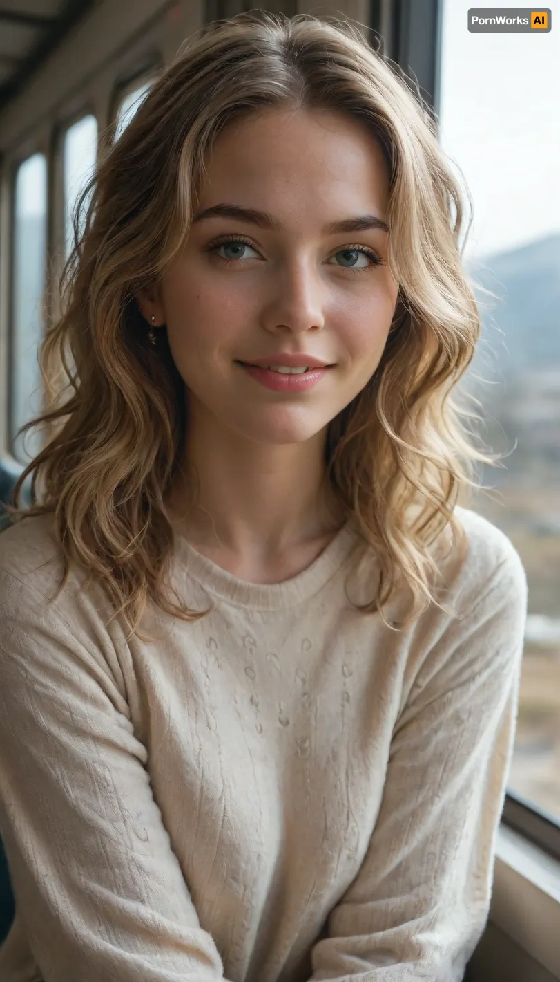 (large format photograph), of a solo, (beautiful, Norwegian:1.4), (woman), in her, (mid-20s), (messy long wavy hair, blonde hair with dark roots), (pale skin with, (subtle freckles:.5)), (strong wide jaw, defined jawline), wearing a comfortable pullover sweater, sitting, (solo), in a, (luxury train), with a view of, (scenic snowy mountain sunset), out the large window dominating the frame background, upper body, shot during the golden hour, soft diffused lighting, (eye level:1.4), (contended smile), highly detailed skin, subsurface scattering, 8k, uhd, ultra high quality, dslr, soft lighting, (shot on Pentax 645Z, Kodak Vision3 IMAX, dreamy haze, (in style of Oleg Oprisco:1.4)), <lora:more_details:.5>, <lora:polyhedron_all_eyes:.25>, <lora:polyhedron_new_skin_v1.1:.1>, <lora:mm_sd15_v2_lora_PanRight:.3>