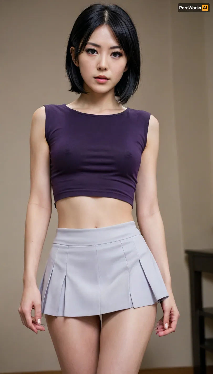 Age 30, slim body, tiny height, Rukia Kuchiki's appearance, a short and petite girl with pale skin, purple eyes and black hair, one strand of which always hangs over her face between her eyes, black miniskirt, (very short), crop top