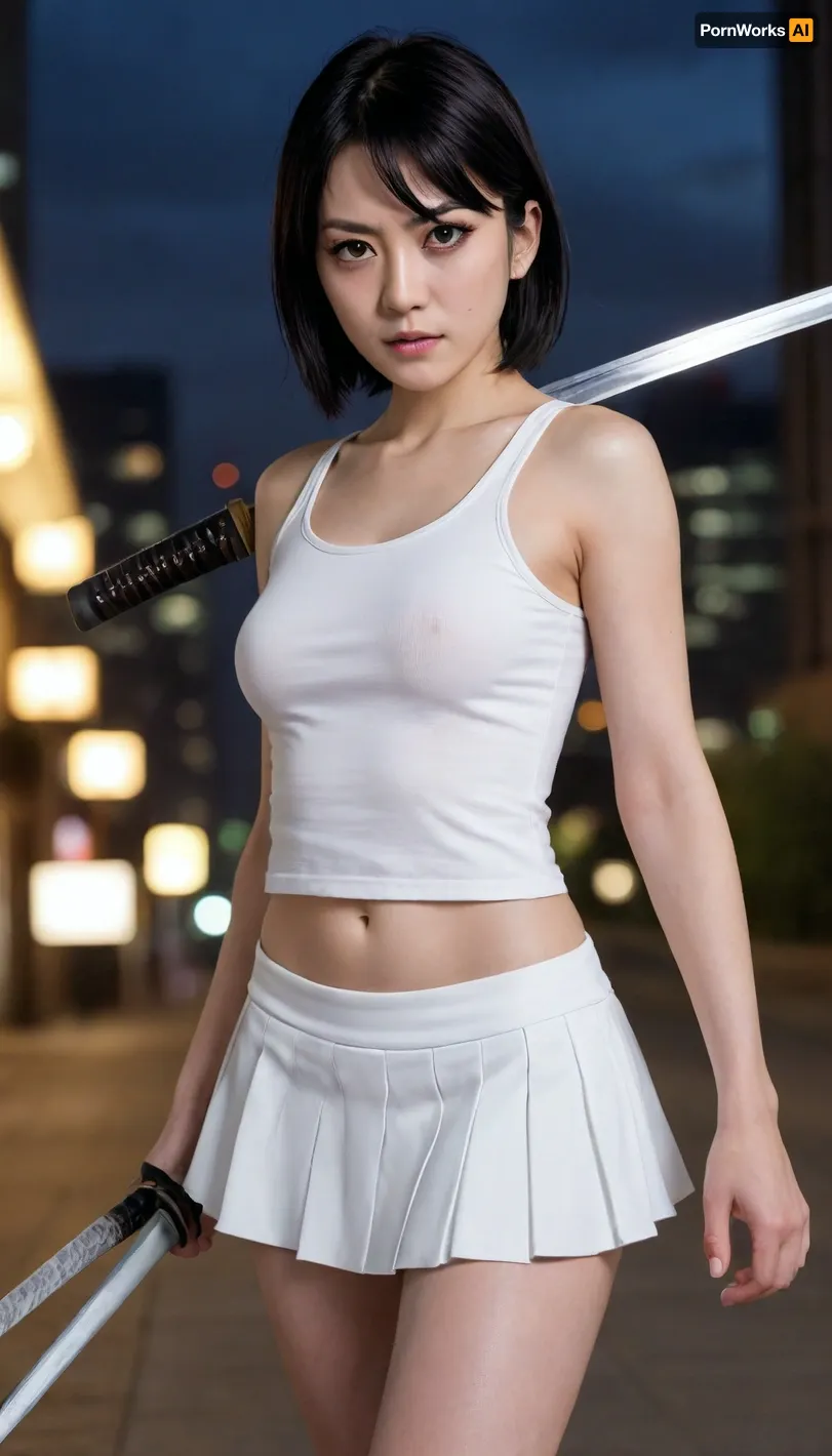 Age 30, slim body, tiny height, Rukia Kuchiki's appearance, a short and petite girl with pale skin, black eyes and black hair, one strand of which always hangs over her face between her eyes, evil grin, black microskirt, (very short), (white crop top), holding katana, fighting, injured, (bruised), urban background, night