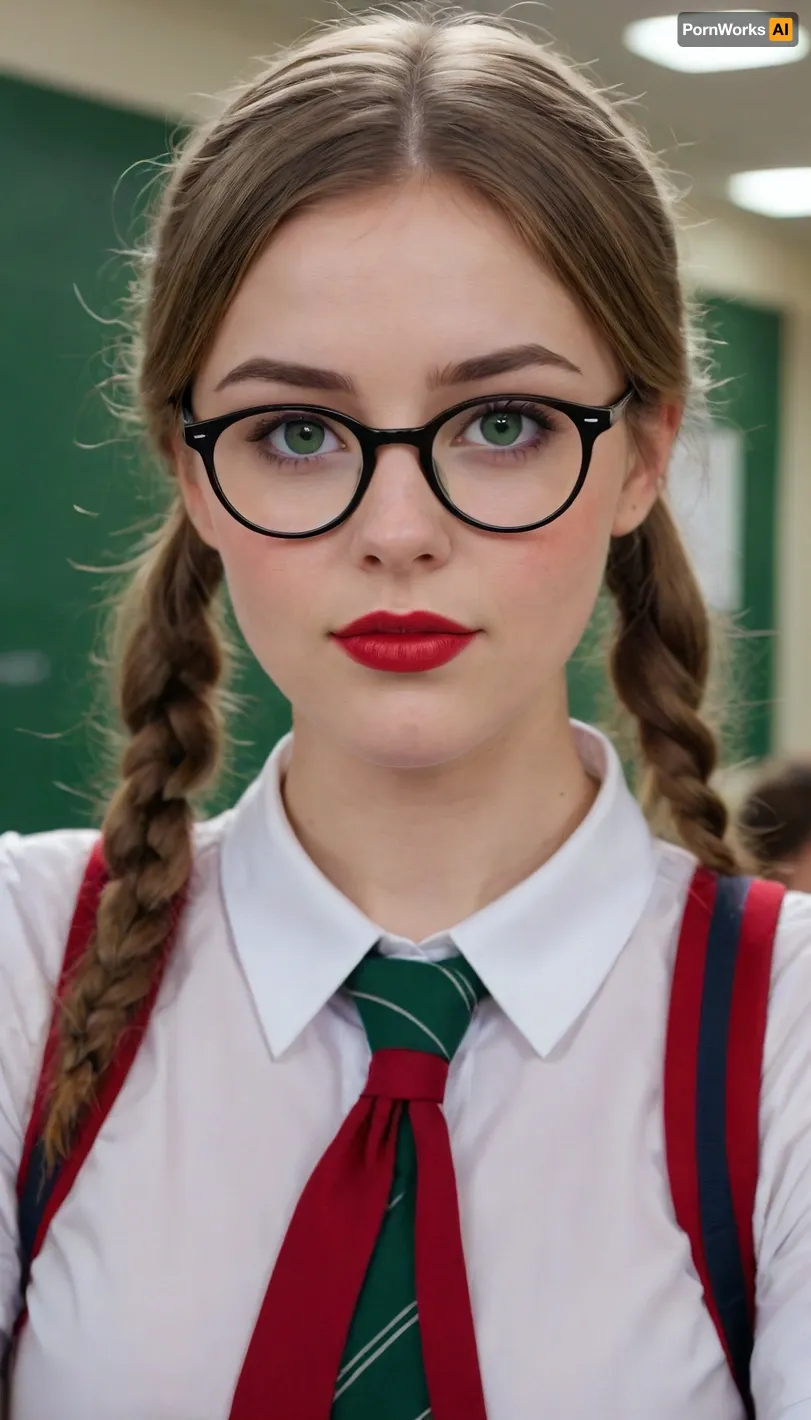 (SDXL:.3), Beautifull nerd girl with green eyes, big rounded breasts and red lips wearing specs and sexy school uniform