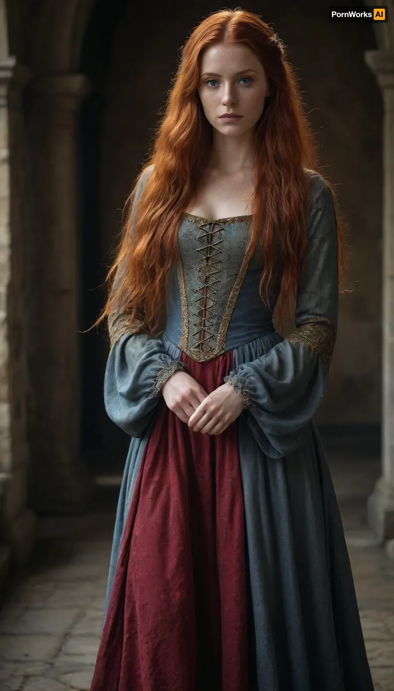 Girl with long red hair wearing a long medieval dress with a wet stain around her groin.