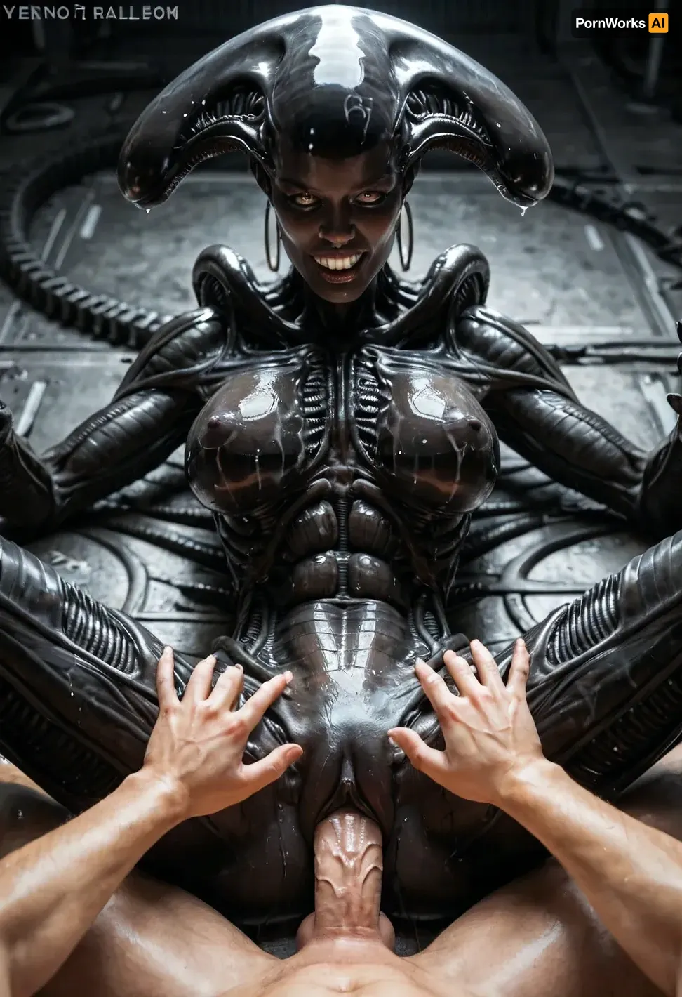 Super realism, ((black skin)), ((xenomorph queen with human face)), ((spread hands)), chained to the walls, cell, black-skinned female, no tail, no hair, ((perfect beautiful woman face)), (((human face))), ((perfect human pussy)), pussy fucking, big dick, monster cock, POV, human massive dick, fuck with man, high detail pussy, high realistic, beautiful 20yo woman face, ((front of head human from forehead transitioning to elongated back part xeno)), ((human face of beautiful woman with normal teeth and eyes)), oiled body, wet body
