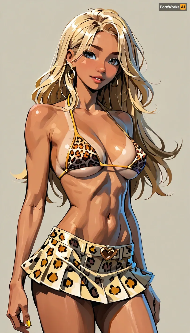 (1girl), tanned skin, (perfect body), vibrant blonde hair, long hair, giant tits, (leopard fabric tight bikini top, and mini skirt), (j_cartoon:1.5), Drawing, <lora:samdoesarts1.1-000030:.4>, <lora:J_cartoon:.4>, <lora:Animated_Concept:.4>