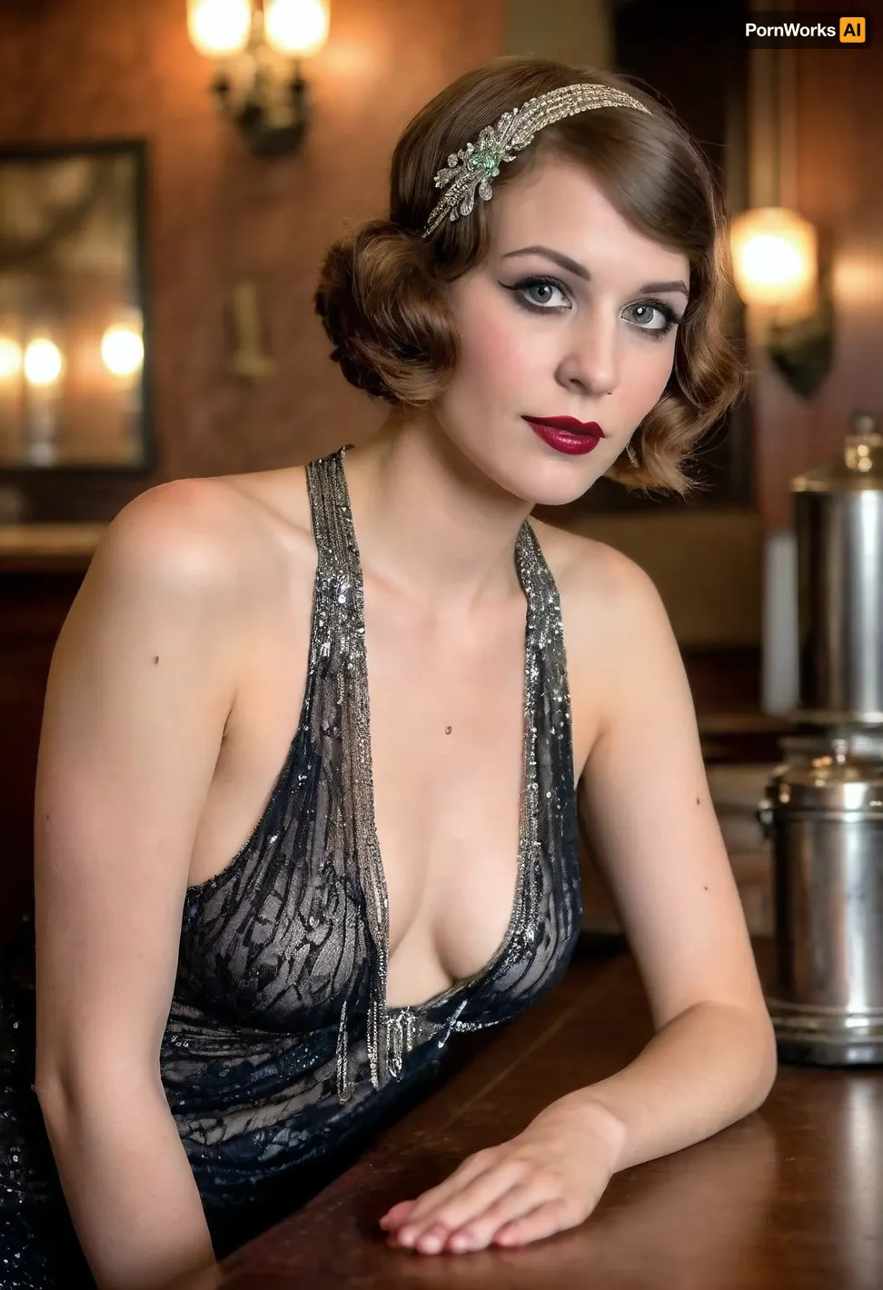 woman, 1920s flapper girl, 1920s hair, 1920s make up, leaning on a bar at a speakeasy facing the viewer, seductive, (detailed clothing), (detailed background), (1920s decor:1.4), ((topless)), (retro 1920s style:1.3), long nipples, large natural breasts, freckles, earrings, very hairy bush, (perfect hands:1.2), insanely detailed background, Rank_9, fluxenh4nce, puffy, nipples, dark, ghost, wide, <lora:FLUXEnh4nce:.5>, <lora:Nipples XL:.7>
