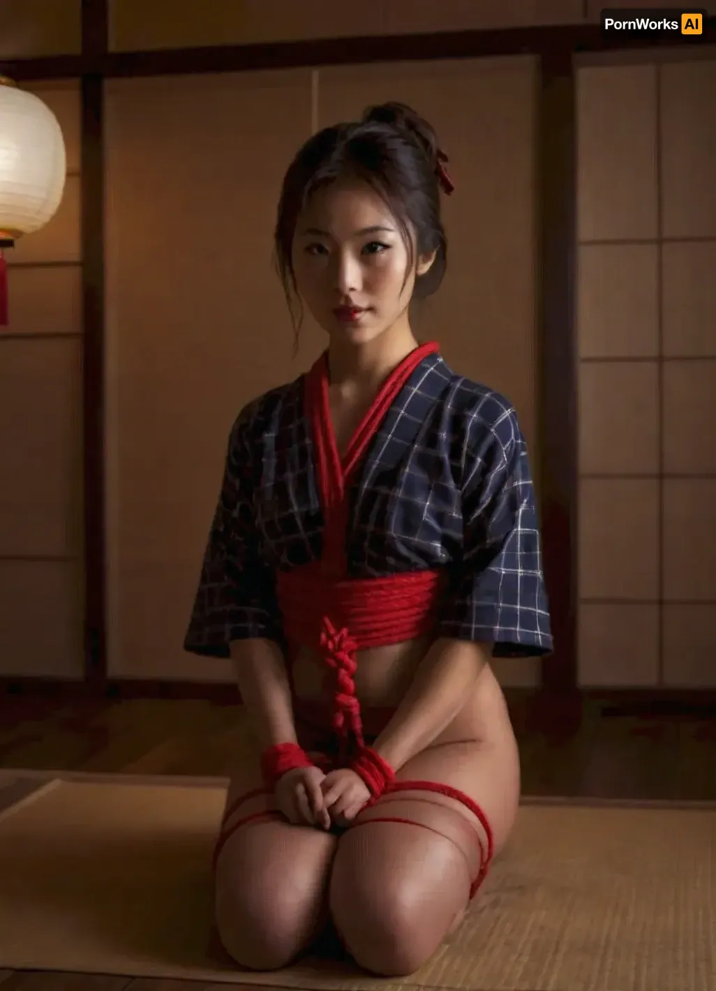 "A young cute petite Japanese woman elegantly posed in a traditional tatami room, wearing a unique sexy plaid-patterned kimono inspired by kasuri weaving techniques. The fabric showcases a beautiful blend of deep indigo, white, and subtle red or brown checkered designs, maintaining a traditional yet distinctive aesthetic. She is bound in an intricate and symmetrical Shibari style with natural jute or red ropes, highlighting the precision of traditional Japanese rope artistry. The soft glow of paper lanterns casts warm light over the serene setting, where shoji screens and wooden textures enhance the authenticity of the environment. Her expression is calm, embodying grace, tradition, and the aesthetic balance of Japanese culture.", <lora:shibari_bondage_-_v0.9.1.2-000010:1.4>