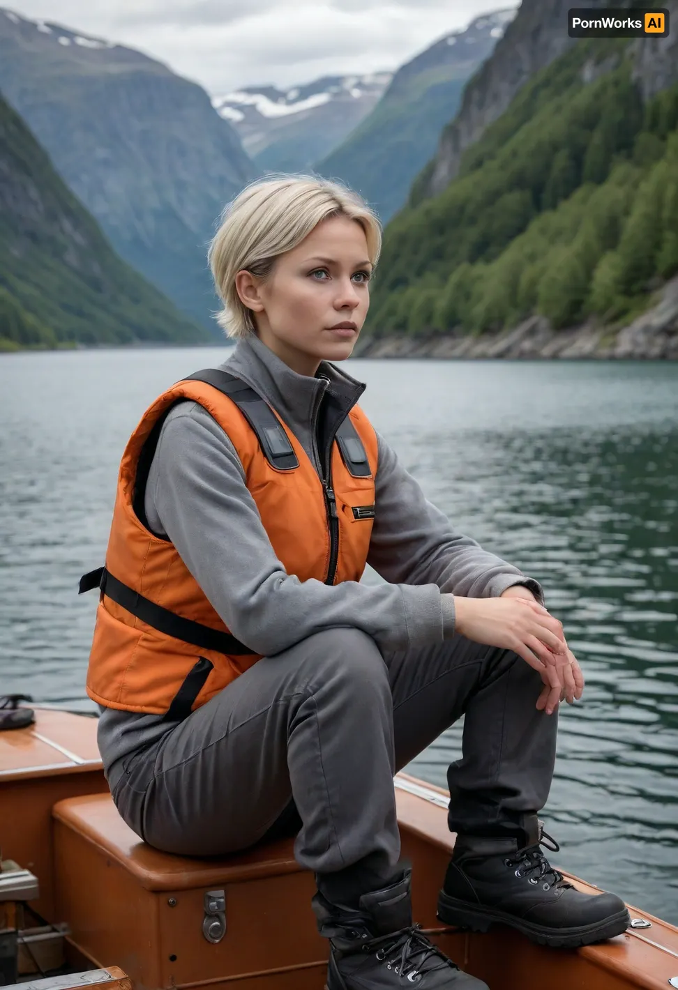 (masterpiece, best quality:1.2), 1 girl, swedish film character Rebecka Martinsson, solo, grey cotton fabric cargo pants, hiking boots, orange life jacket, cap, (anthracite velvet troyer:1.4), outdoors, white blonde hair, bright ice blue eyes, short haircut with side parting, hair tucked behind ears, she sits on a small motorboat, sunny summer norwegian fjord landscape, she looks into the distance, serious look, photorealism