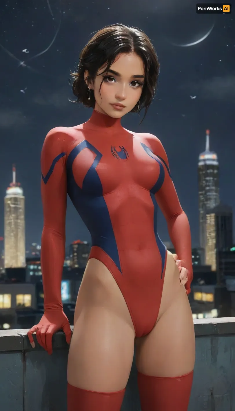 (masterpiece, best quality, absurdres), 1girl, solo, cowboy shot, sw2099, red eyes, young dark-skinned supermodel female, looking at viewer, hands on hips, glowing, skimpy intricate spiderman leotard bodysuit, hourglass body, muscular, outdoors, New York city Time Square below, night, on rooftop, highlydetailedbody, realisticface, highlydetailedhair, insanelydetailed, 8K.highdetailedskin, highresolution, perfectfingers, (j_cartoon:1.5), Drawing., tyxla, <lora:tyla_juggerX_xl_1_st_wocap-tyxla-000086:1>, spiderman, ps4, spider, web, printing, red, bodysuit, <lora:d0429b4d-4b02-4aad-b9e8-d20d30298f9f (1):.5>, <lora:samdoesarts1.1-000030:.4>, <lora:J_cartoon:.3>, <lora:Animated_Concept:.4>