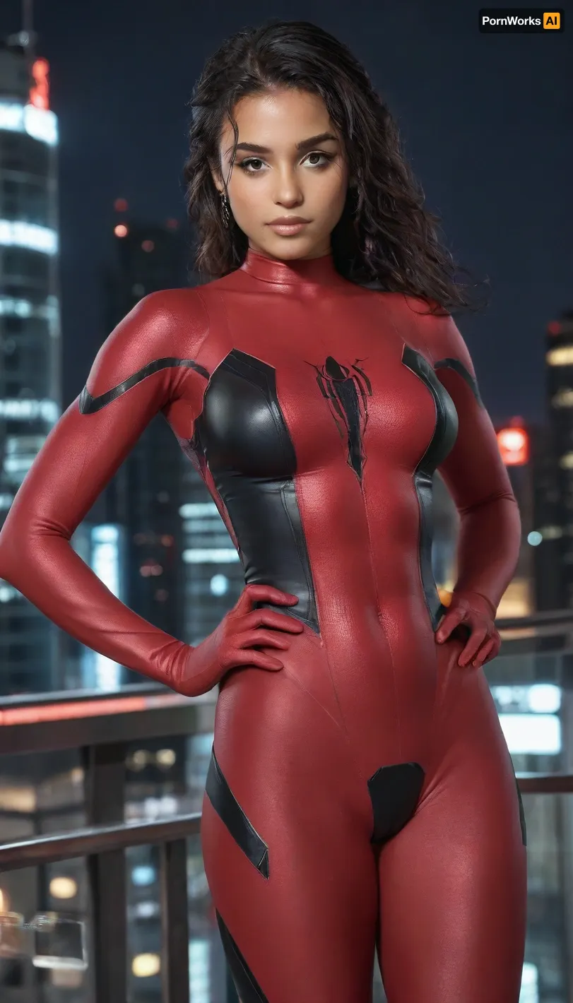(masterpiece, best quality, absurdres), 1girl, solo, cowboy shot, sw2099, red eyes, young dark-skinned supermodel female, looking at viewer, hands on hips, glowing, skimpy intricate spiderman leotard bodysuit, hourglass body, muscular, outdoors, New York city Time Square below, night, on rooftop., tyxla, <lora:tyla_juggerX_xl_1_st_wocap-tyxla-000086:1>, spiderman, ps4, spider, web, printing, red, bodysuit, <lora:d0429b4d-4b02-4aad-b9e8-d20d30298f9f (1):.5>
