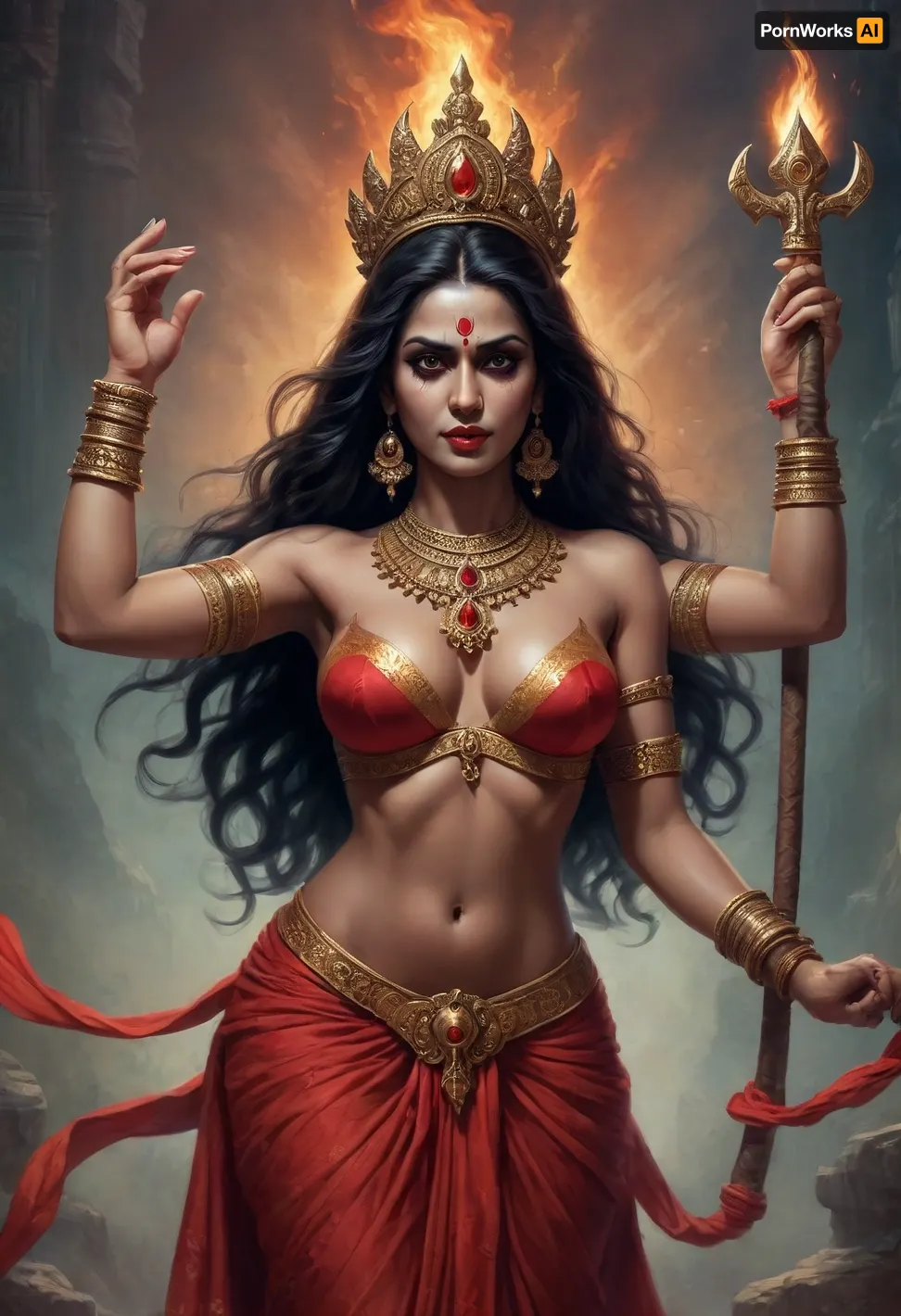 Hindu goddess Kali, sexy, sexy legs, midriff, large breasts, **AI Image Generator Prompt, **

"Create a detailed image of the Hindu goddess Kali, depicted in her most iconic and fierce form. Kali has dark, almost black skin, symbolizing her connection to the divine and the infinite. Her long, disheveled black hair flows wildly around her face and shoulders, adding to her fierce, untamed nature. Her face is strikingly intense, with wide, fierce eyes that convey both power and wrath. Her mouth is open, revealing her long, sharp teeth and her iconic protruding, blood-red tongue, which gives her a terrifying yet captivating look.

Kali is adorned with various ornaments that emphasize her divine power. She wears a necklace made of severed heads, symbolizing the destruction of ego and the transience of life. Her arms are multiple, usually depicted as four or more, with each hand holding different symbolic items, a sword, a trident, and a severed head, while her other hands may be in mudras or gestures of blessing and protection. Her attire consists of a simple, flowing skirt made of human arms or sometimes a cloth adorned with skulls. She stands on the body of her consort, Lord Shiva, symbolizing the balance of creation and destruction, life and death. Her posture is dynamic and powerful, with one foot lifted, ready to stomp. She exudes an aura of fearlessness and strength, as her fierce energy radiates throughout the scene.

The background is typically a dark, chaotic environment, with swirling flames or the dark night sky, emphasizing her association with destruction and transformation. Despite her intimidating appearance, there is an undeniable sense of profound spirituality and liberation in her presence, embodying both the terrifying and transformative aspects of existence."