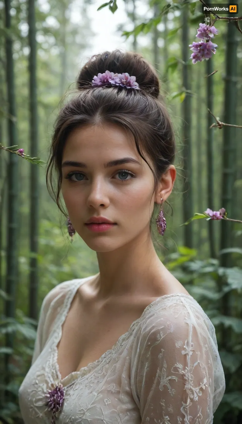 Portrait A stunning anime-style Beautiful woman wearing ancient Thai dress illustration of a springtime scene featuring magnolia. The branches are covered in delicate purple and lavender flowers, glowing softly in the sunlight. violet, and blue with wisps of dreamy clouds. Gentle petals float in the air, creating a peaceful and magical atmosphere. The composition is rich in detail, with a soft and ethereal color palette that enhances the beauty of nature in a fantasy-inspired artistic style. a bamboo forest the background. 8K 3D cinema