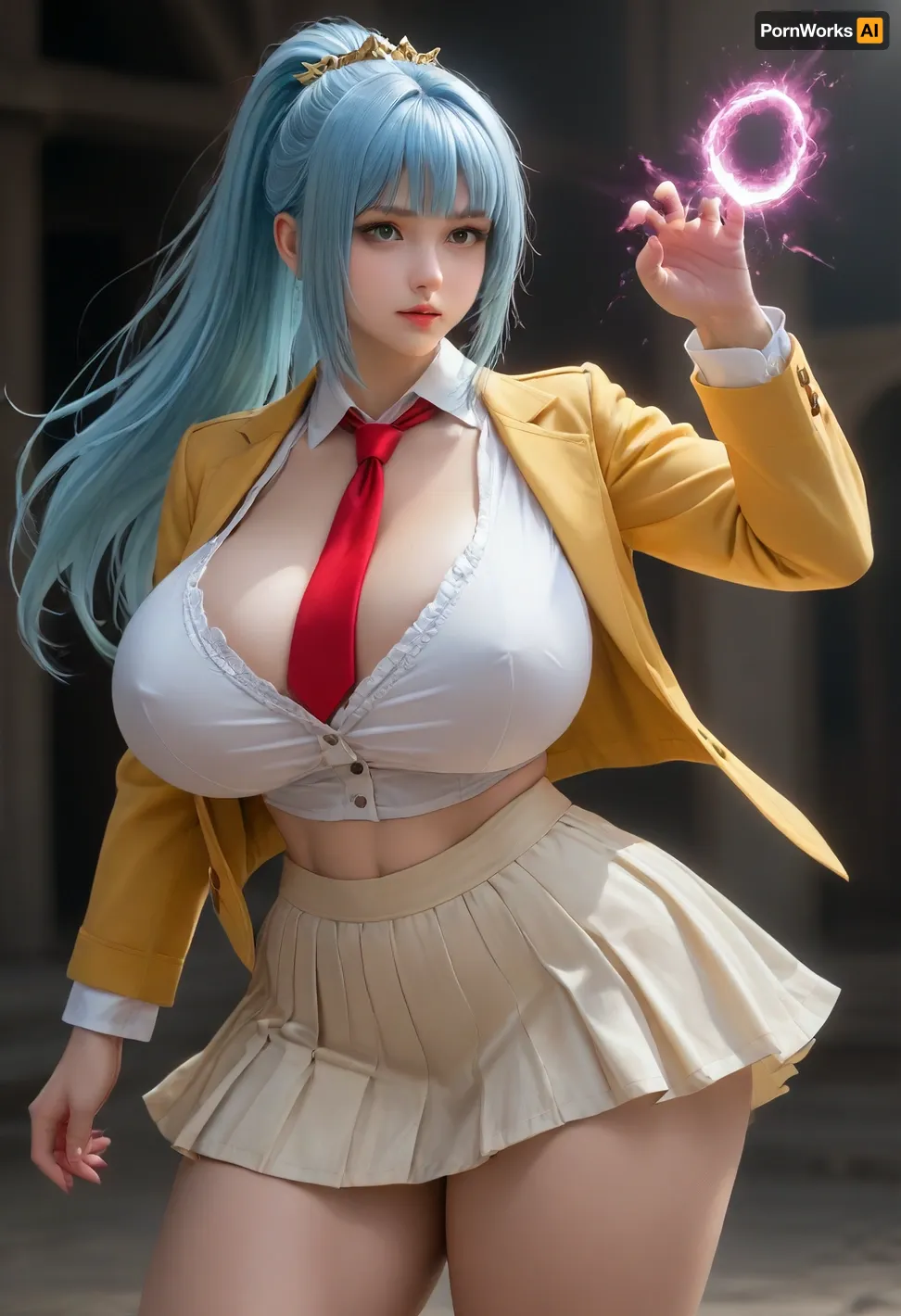 Maya Natsume from Tenjho tenge. Busty, (bustier the better), curvy, and leggy., ((Maya Natsume from Tenjho Tenge has long, flowing silver-blue hair, often tied in a high ponytail, with sharp bangs framing her face. She typically wears a school uniform consisting of a yellow blazer, white shirt, red tie, and a short skirt. In battle, she sometimes switches to a more revealing martial arts outfit. Maya has a strong, confident presence, embodying both beauty and power as a skilled fighter.)), ((toned muscular thick thighs, toned huge voluptuous ass)), (massive breasts:1.5), Maya, natsume, tiara, see-through, impossible, <lora:Maya_anV31-000076:.5>
