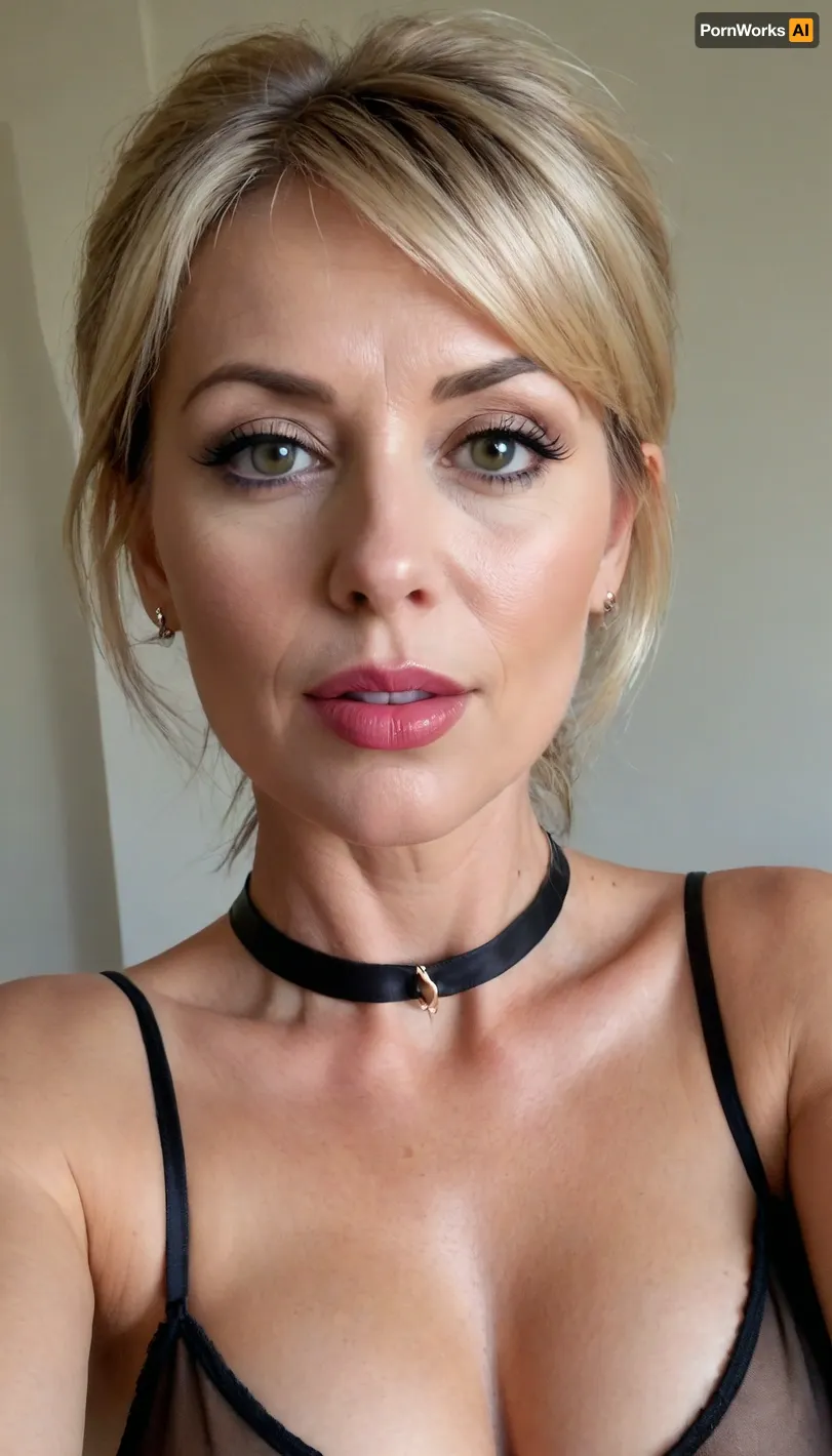 Top view selfie of Sexy gourgeous model, 55 yo, milf, luxury escort, masturbating, black transparent nightie dress, black lingerie bra, small tits, small breast, round breast. A beautiful face, black eyes, (straight bangs), high ponytail blond hair. A pretty happy face, ((inflated lips)), dark brown skin, simple elegant black choker necklace, golden loop earing, pushing, exciting face, (UHD 8K, masterpiece, best quality, maximum details, extreme realism), ultra realistic, taken on a Canon EOS R3, DSLR photo