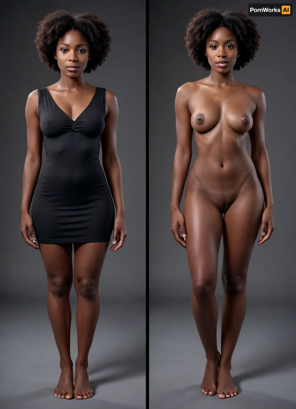 Two pics of very dark black woman, front wiew, full body wiew, onoff, <lora:OnoffXL_ExtraCrispy:.8>, (basic\)