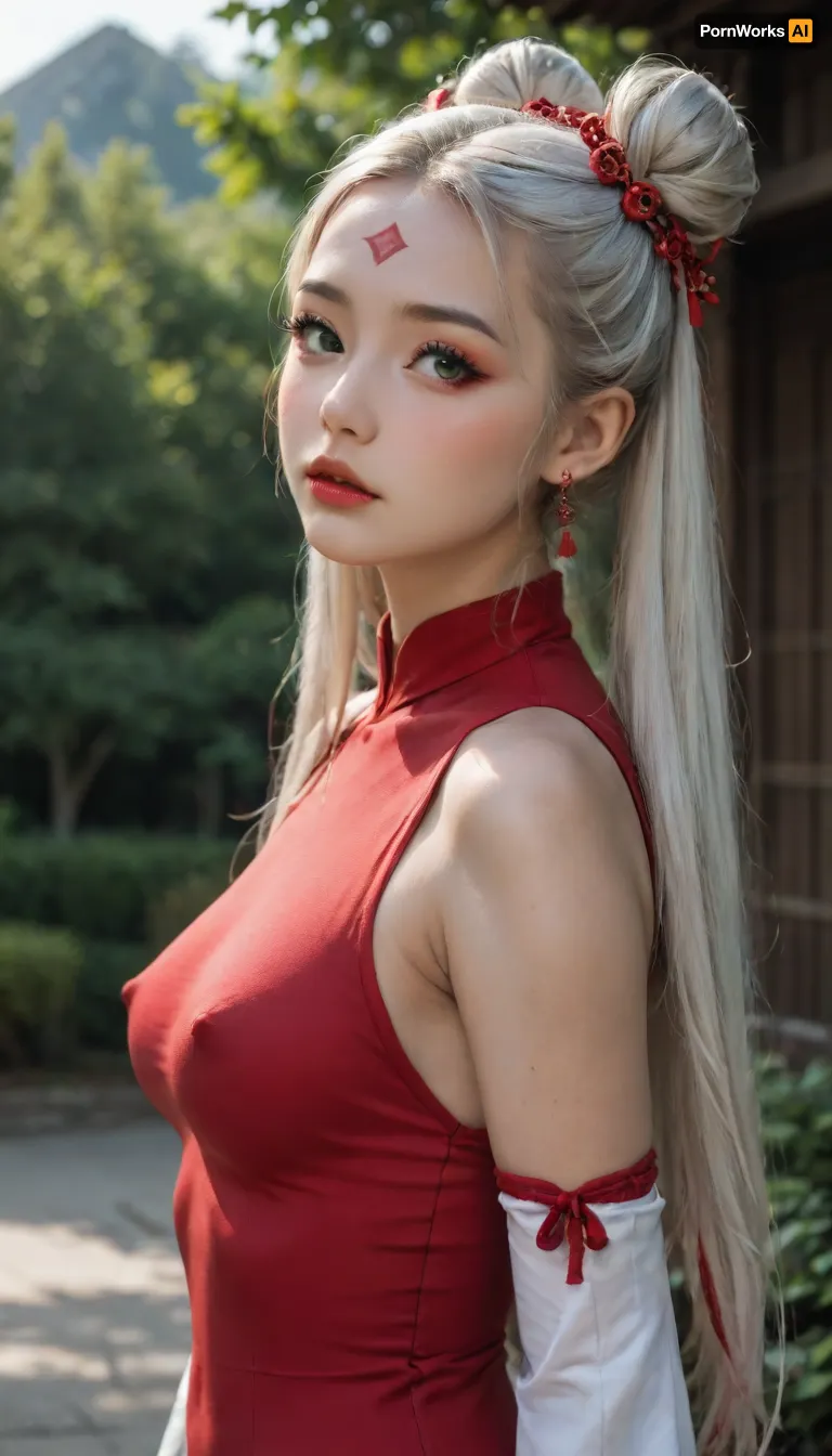 (Side view), front view, upper body, erect nipples, dynamic shot, (medium), 1girl, solo, long hair, white hair, hair ornament, detached sleeves, multicolored hair, ((red tight dress)), bangs, facial mark, green eyes, Japanese clothes, earrings, hair bun, jewelry, lipstick, very long hair, double bun, forehead mark, hair rings, white thighhighs, red shoes, portrait shot. outdoors, Asia, Asian, Chinese, (pin-up pose), (ultra-realistic:1.4), (maximum quality:1.4), (high resolution:1.4), (extreme detail:1.4), (maximum detailed skin:1.4), (((makeup))), ((face blush)), ((very long big thick eyelashes)), (shock), kawaii, makeup, <lora:nwsj_xl_v2:.1>, <lora:KawaiiMakeupXLv2:.8>