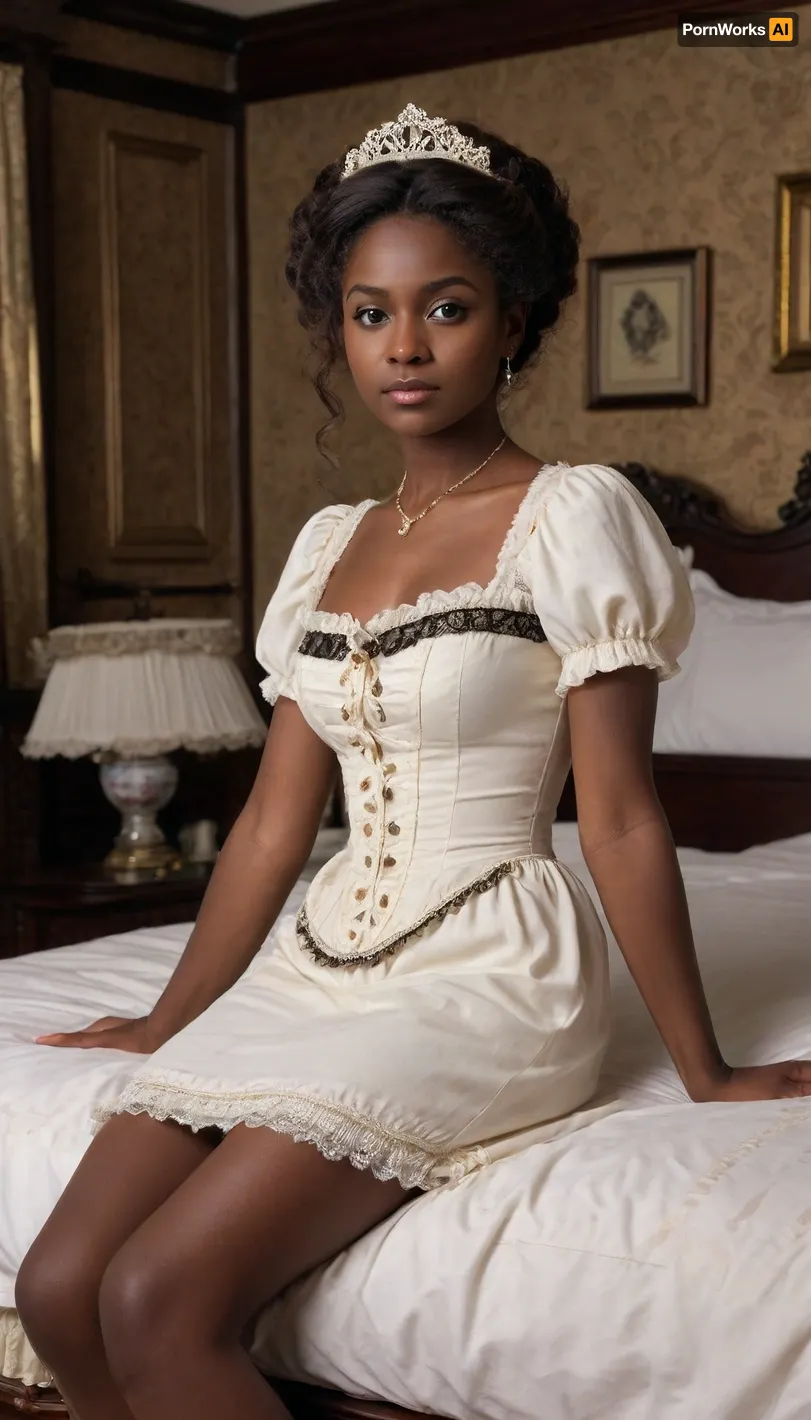 3/4 view, (young pretty woman:1.6), 18 y.o., straight shoulder length hair, brown eyes, (very dark skin:1.6), petite, slim, dark areola, ((tight big breasts)), bushy pubic hair, innocent, shy, submissive, posing like a pornstar, (victorian maid outfit), (victorian bedroom:1.6), <lora:681678_training_data:.8>