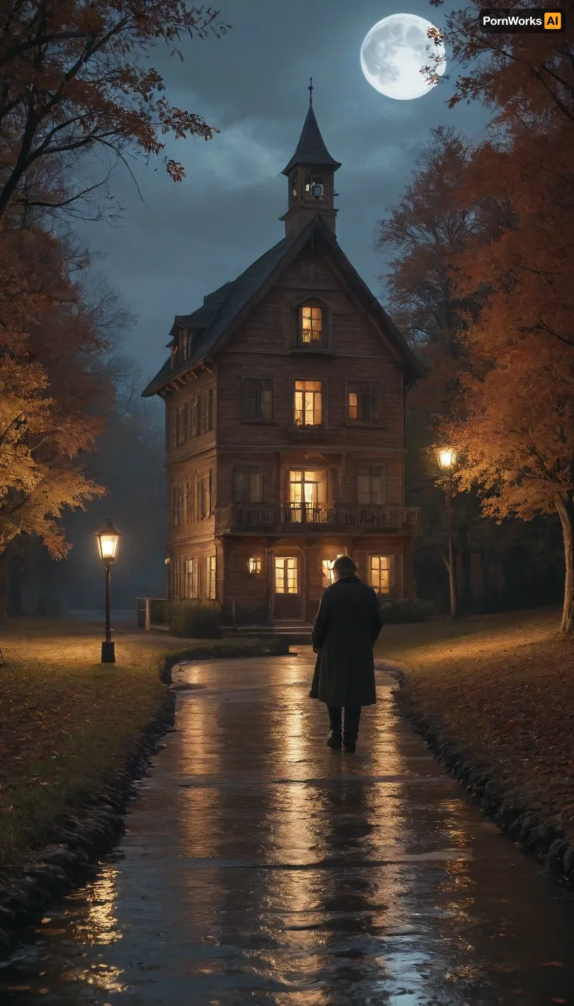 a dark night, bright stars, a wooden rustic house with carved architraves, tulle lights in the windows, an old bench in front of the house, a big fat cat is resting on a bench under the moon and a grandfather is sitting dressed in peasant clothes in a sheepskin coat and smoking cigarettes, next to the house is a large fluffy weeping willow, a path, a pond nearby. the fog. realistic. professional photo. in autumn. a fisherman's boat is moored near a birch tree, ode, culture, story