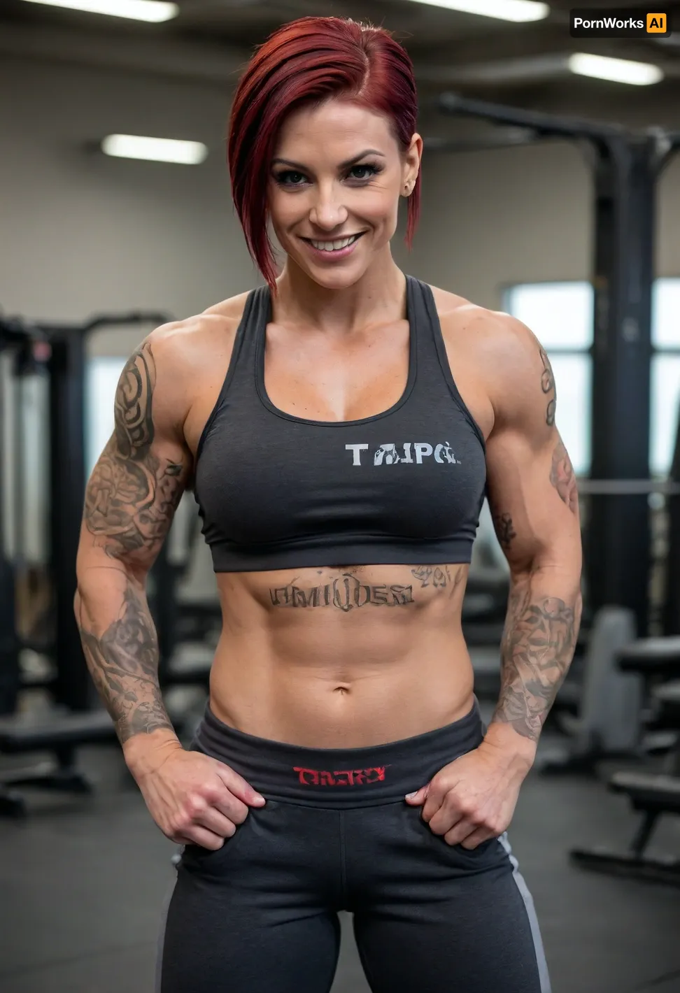 (Buff woman), (muscle definition), ((muscular)), (large muscles), (toned), (tomboy), busty, (large breasts), flexing, showing off, medium/short straight black/red hair, black sports bra, gray sweatpants, tanned skin, cocky grin, tattooed arms