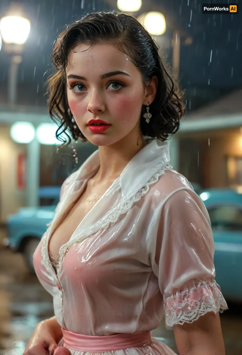 Strong 1950s retro vibe, look over the shoulder, in 1951 a breathtakingly beautiful very busty black-haired 18-year-old coed dressed for a sock hop stands outside a college gymnasium in the pouring rain, very large natural breasts, button-down shirt, neck scarf, (poodle skirt decorated with an embroidered poodle), white lace socks, saddle shoes, makeup, beautiful expressive eyes, romantic, nighttime, lots of rain in the air, retro 1950s hair and makeup and clothes and setting, masterpiece, key visual, incredibly detailed, score_9, soakingwetclothes, magazine cover, best quality, ultra-detailed, finely detail, highres, 8k wallpaper, intricate, highly detailed, insanely detailed, best lighting, perfect illumination, (best illumination), (best shadow, best shadows), full scene picture, full-length photo, ((ultra-detailed)), (intricate details:.6), professional photography, photo-realism, award winning photography, dslr, hyperrealistic, 35 mm, (Fujifilm XT3, analog style, professional DSLR photo, film grain:.8), 8k high definition, Great Composition, highly complex, (intricate detail:1.2), Ensure ultra-high-detail, photorealism, and crystal clear 32k resolution for a true masterpiece, hdri light, realistic lighting, ultra high resolution, clear focus, depth of field, 32k, 30 mm lens, 1/250 s, f/2.8, ISO 300, UHD 8K, high resolution face, perfect anatomic body, perfect waist, extremely beautiful face, <lora:soakingwetclothesXL:1.4>, <lora:MJ52:.8>, <lora:add-detail-xl:.8>